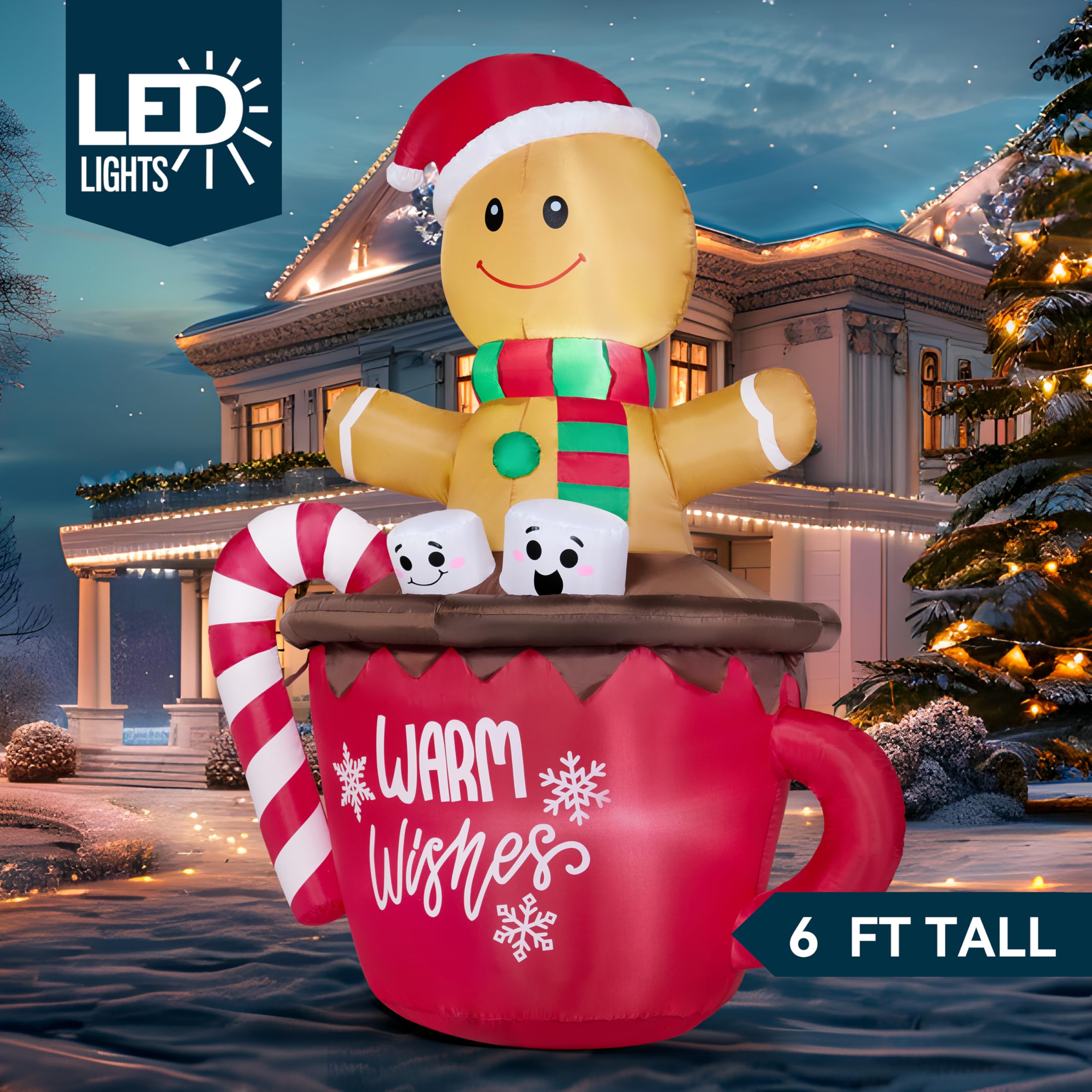 JOIEDOMI Omino di Pan di Zenzero Gonfiabile di Natale Alto 1,8 m, Omino di Pan di Zenzero Gonfiabile in Tazza di Cioccolata Calda con Luci a LED Incorporate, Decorazione Gonfiabile all'Aperto