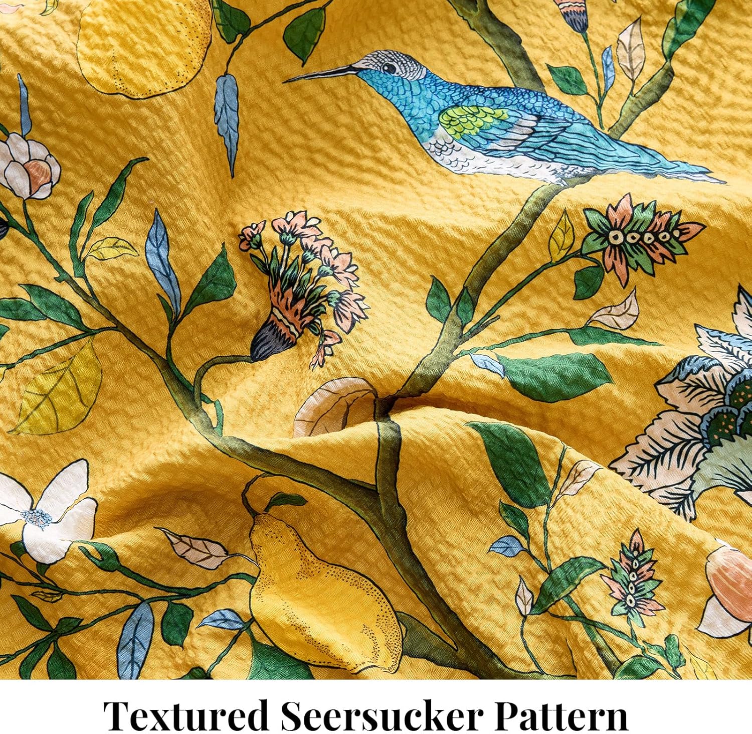 MUSSEL Yellow Bedding Queen Comforter Set 3 Pieces,Vintage Botanical Floral Pattern Bed Comforter Sets,Boho Whimsical Modern Printed Design Cute Seersucker Bedroom Comforter and Shams - Image 5
