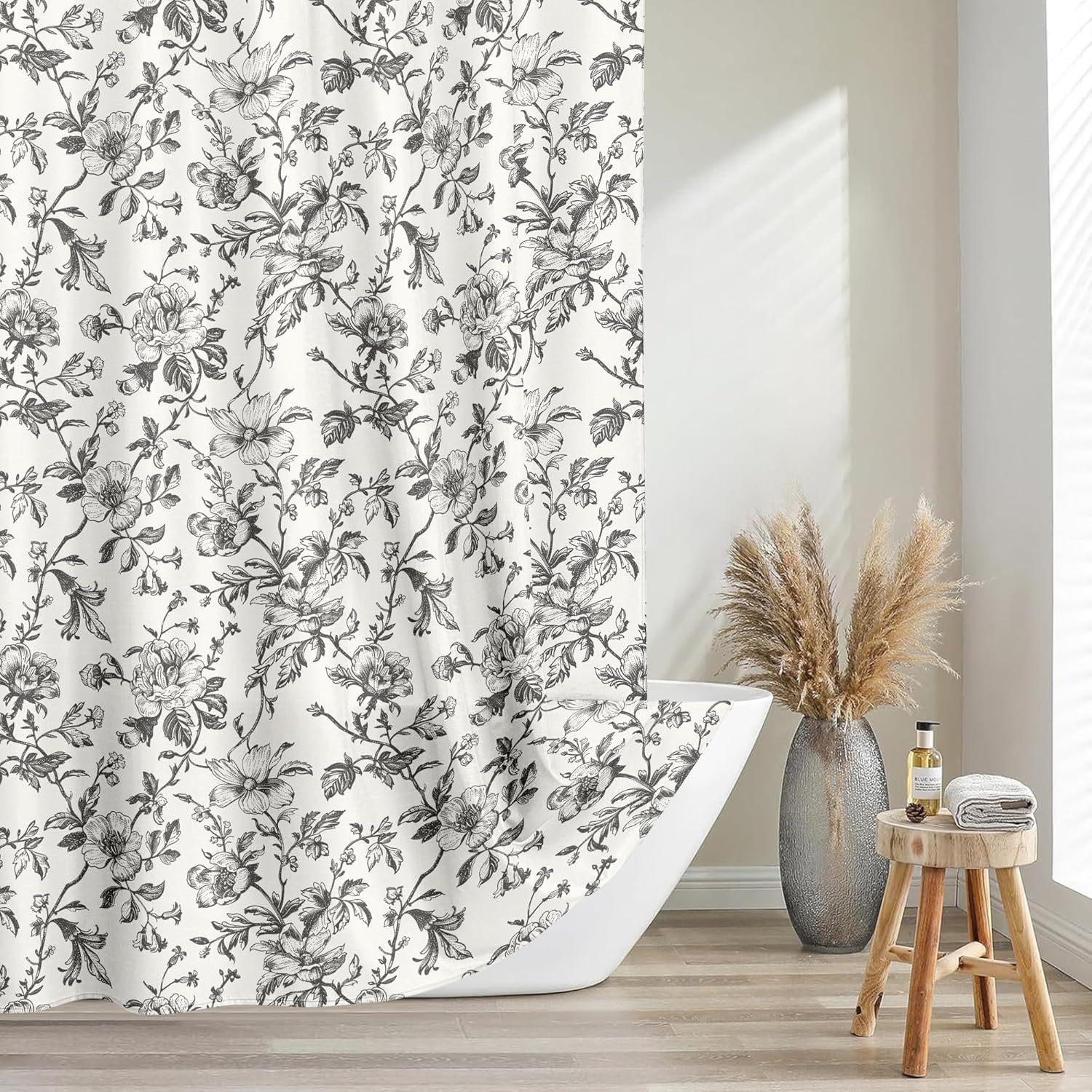 Tititex Boho Rustic Black Flower Faux Linen Shower Curtain, Vintage Bathroom Decoration Shower Curtain Sets 72x72 in with Hooks