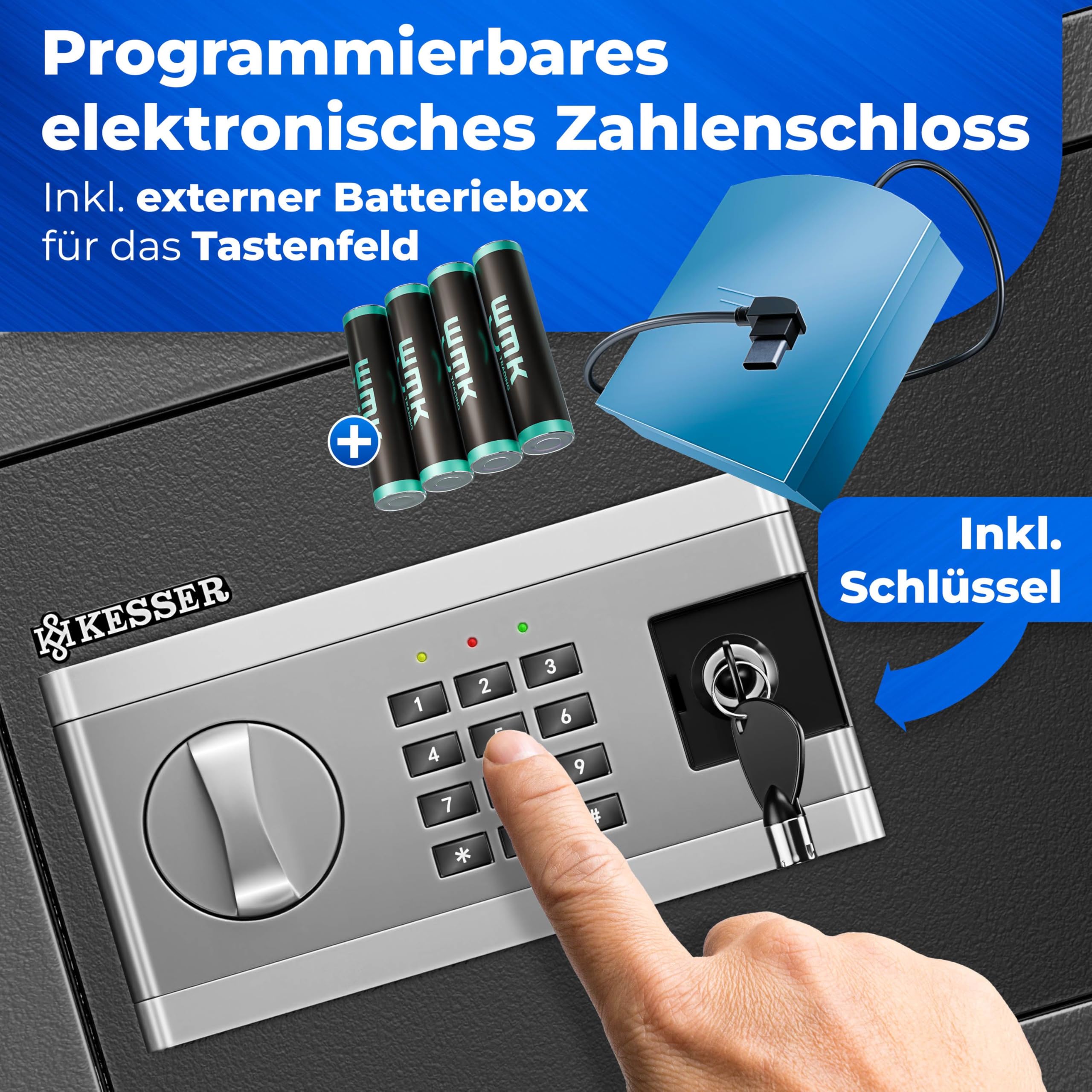 KESSER Elektroniczny sejf cienny | 31 x 20 x 20 cm | 3 x podwjna blokada bolca | owietlenie wewntrzne | szafka pancerna