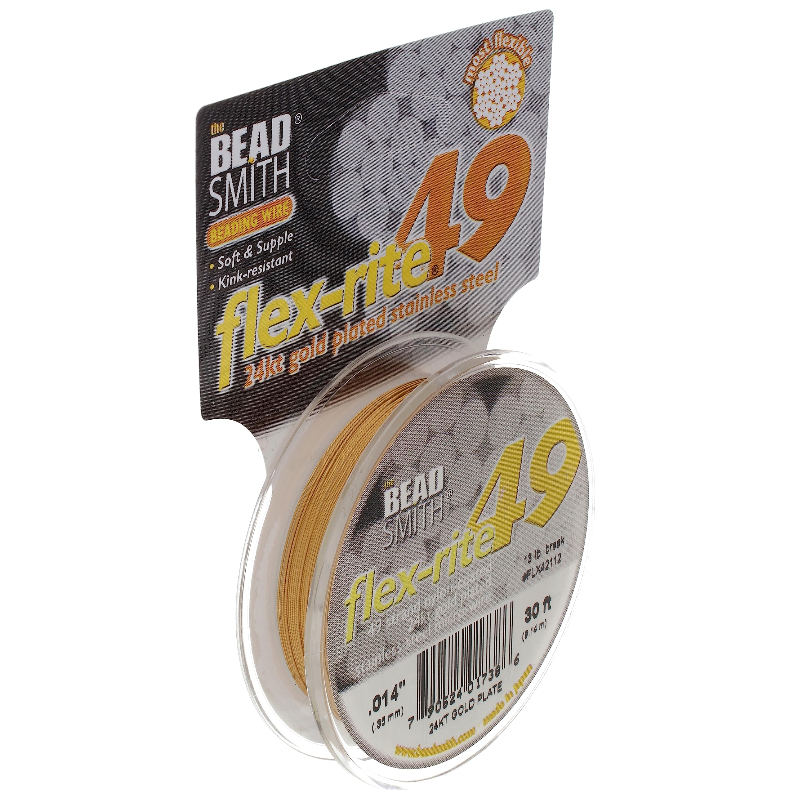 The Beadsmith Flex-Rite 49 Strand Nylon Coated, Stainless-Steel Beading Wire, Jewelry Making Supply (.014 Dia, Gold - 30 Ft)