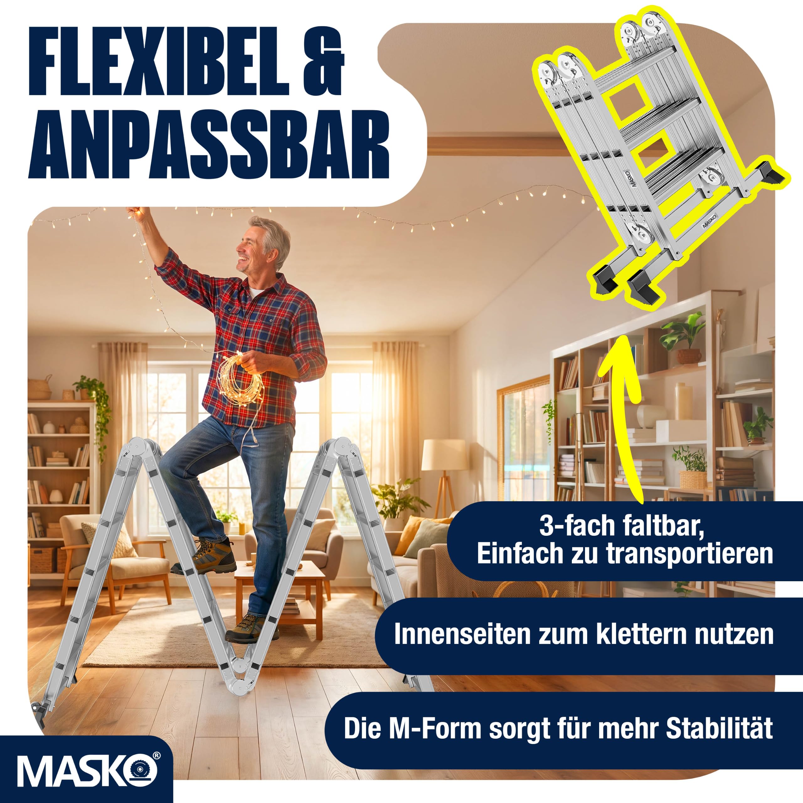 MASKO® Leiter Aluminium 4x3 Stufen, Mehrzweckleiter | - 360 cm | | 150 Kg belastbar, 6in1 multifunktional mit Verriegelung, Gelenkleiter, Anlegeleiter, beidseitige Steh- und Treppenleiter