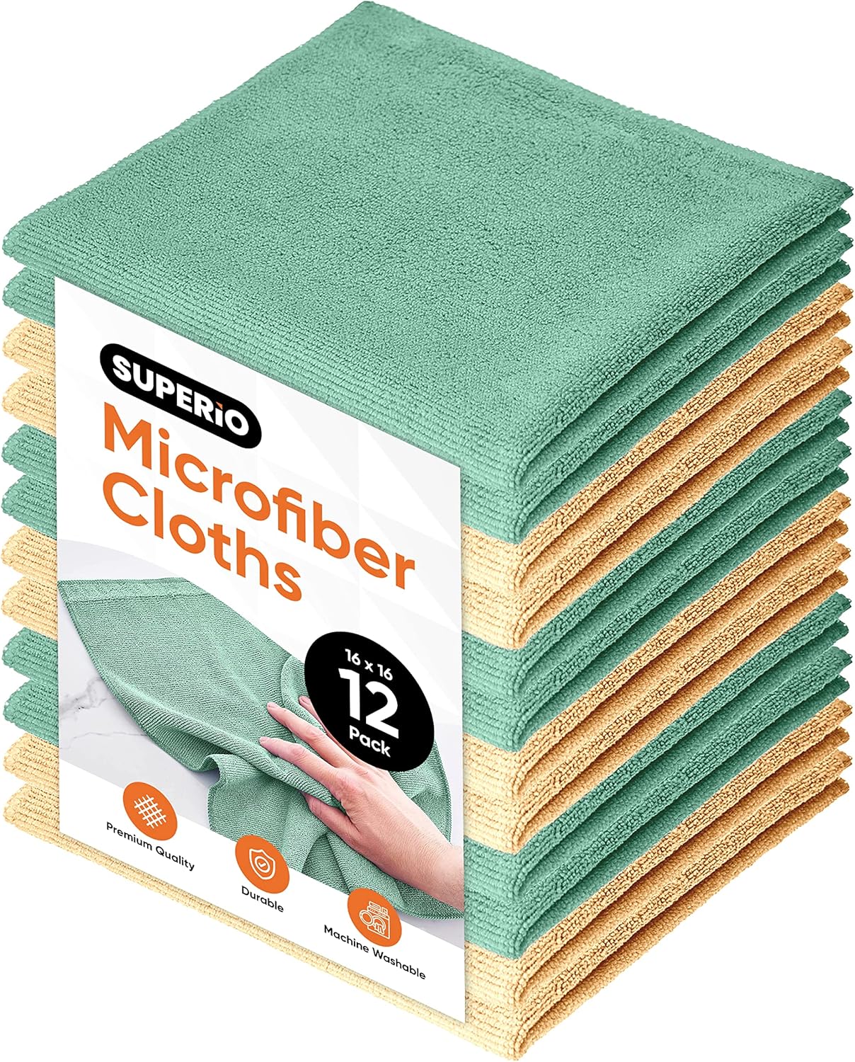 Superio Microfiber Cleaning Cloth 16"x16" Highly Absorbent Cleaning Rags for House, Kitchen, Bathroom,Car 12 Pack Multi Color Coded Multi-Purpose Streak-Free lint-Free Towels