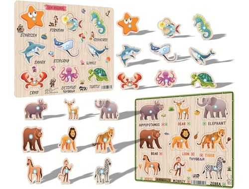Image of Nizomi Wooden Sea Animals & Jungle Animals Peg Puzzle for Kids | Montessori Educational Puzzle Board with Fish, Dolphin, Lion, Elephant & More | Early Learning Toy