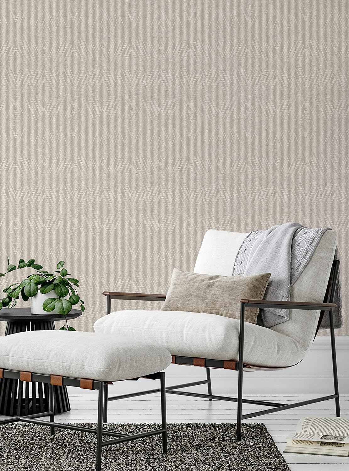 Simple Shapes Woven Look Mixed Chevron Peel and Stick Wallpaper (6 Sheet Pack - 2x9 Feet, Warm Grey)