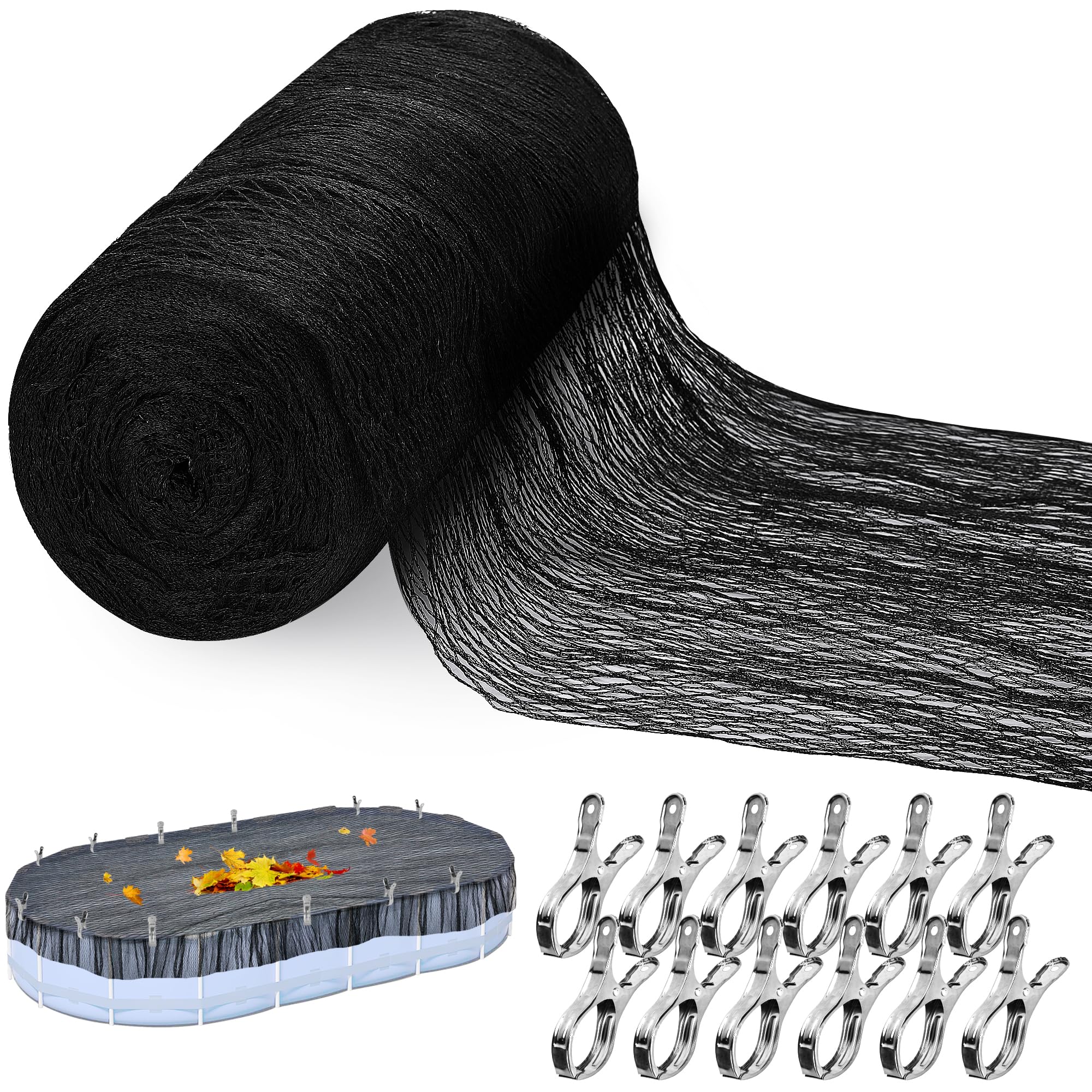 Adnee 33X18 Ft Oval Swimming Pool Leaf Net Cover,Pool Mesh Net Cover with 12 Pcs Metal Clips,Pool Safety Net Blanket Suitable for 15x30 Ft Pool to Proventing Leaves