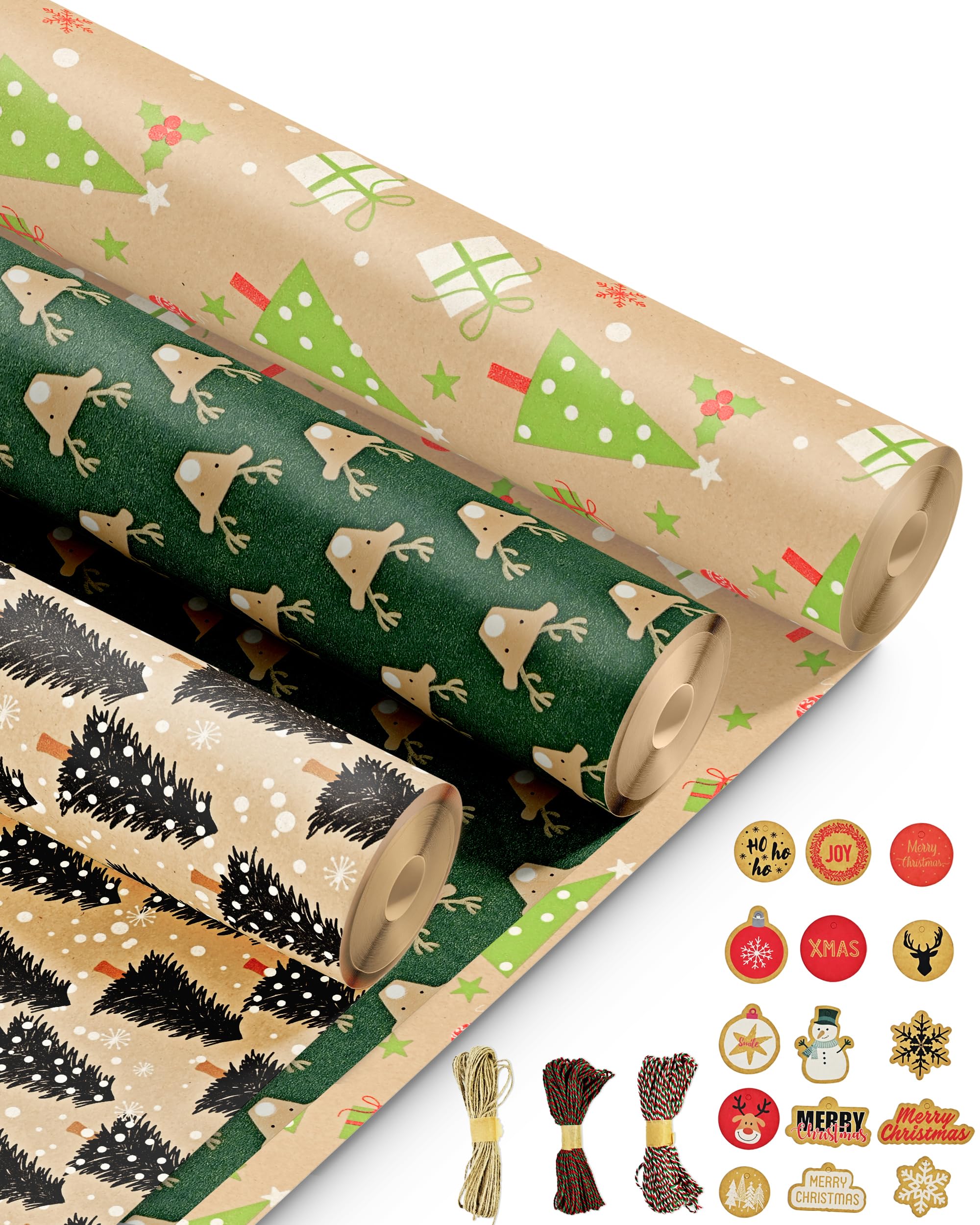 Kraft & Co – 3 Pack Kraft Christmas Wrapping Paper Rolls 69cm x 8m, Recycled & Eco-Friendly Gift Wrap with 15 Tags & 3-Color Twine, Christmas Wrap Tear-Resistant, Sustainable Packaging, Total 24m Rol