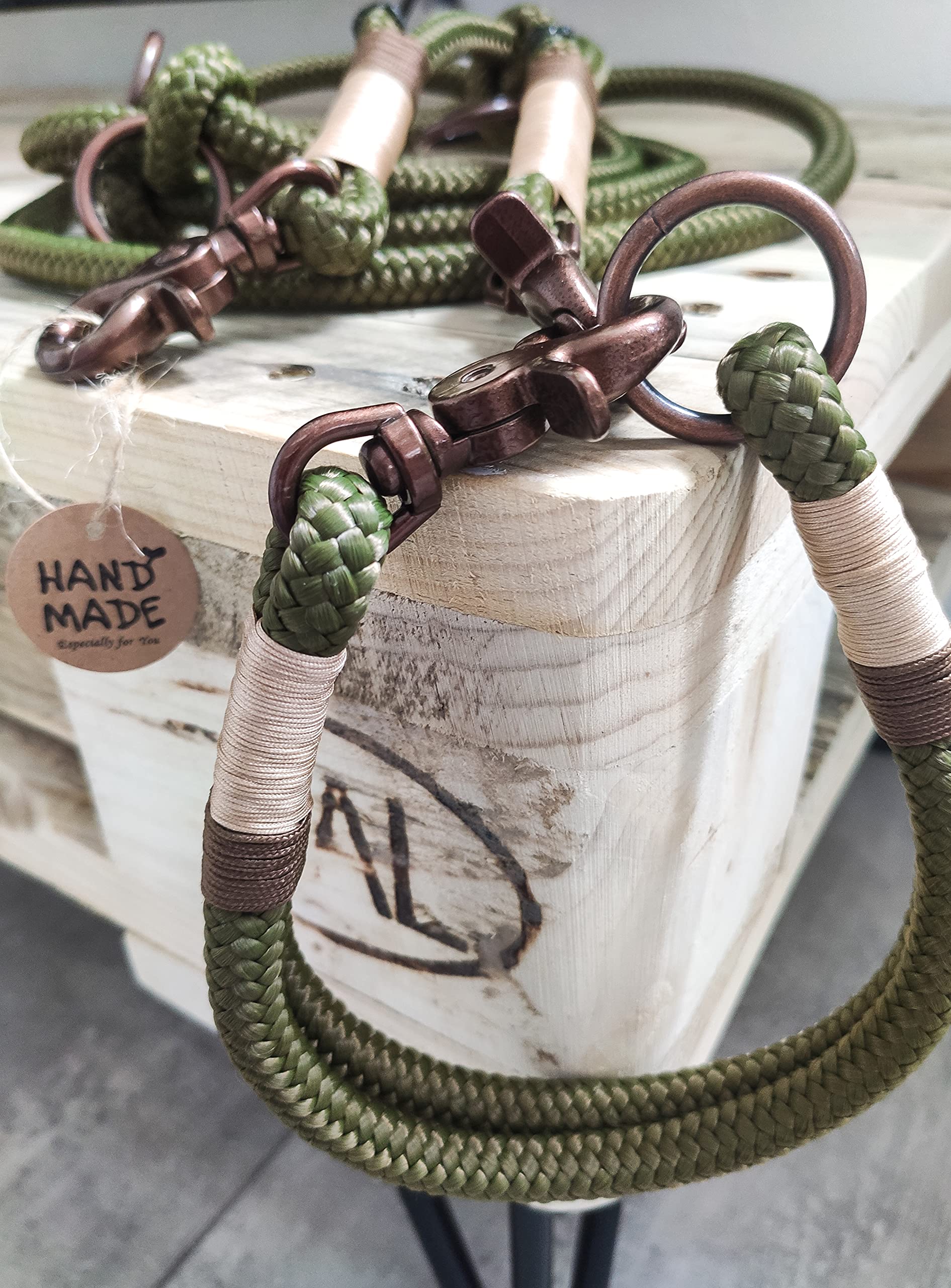 Tau Hundeleinen Halsband Set in Olivgrün und Kupfer | Verstellbare Hundeleine | Set WALDLUST