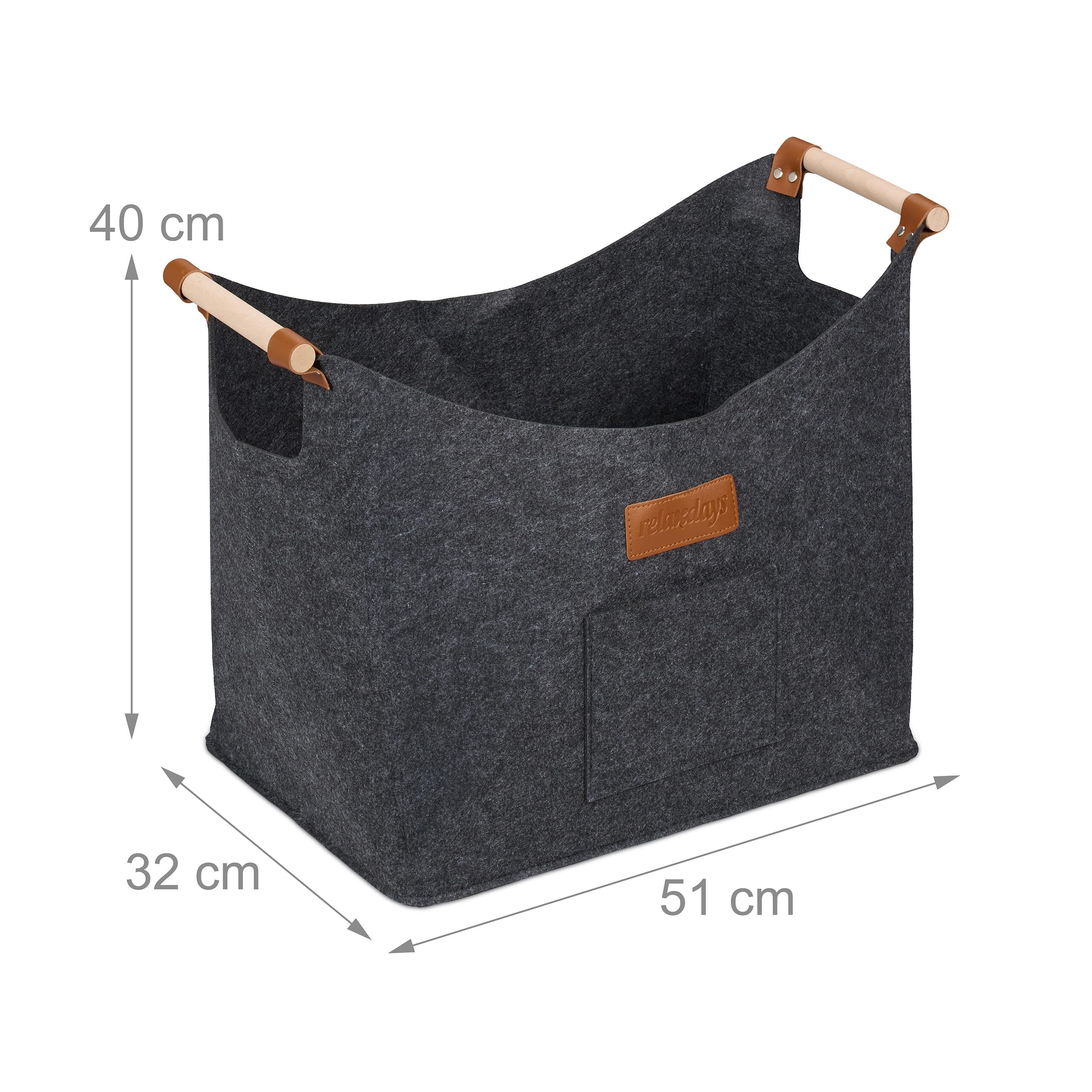 Relaxdays kosz na drewno, filc, 50 l, z uchwytami, wys. x szer. x gł.: 40 x 51 x 32 cm, kosz na drewno kominkowe, kosz do przechowywania, wewnętrzny, szary
