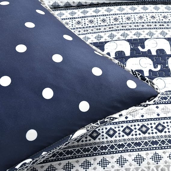 Lush Decor Elephant Stripe Reversible Quilt Twin Size 4 Piece Set Navy - Toddler Bedding Set Twin Quilt - Blue Quilts - Kids Bedroom Decor