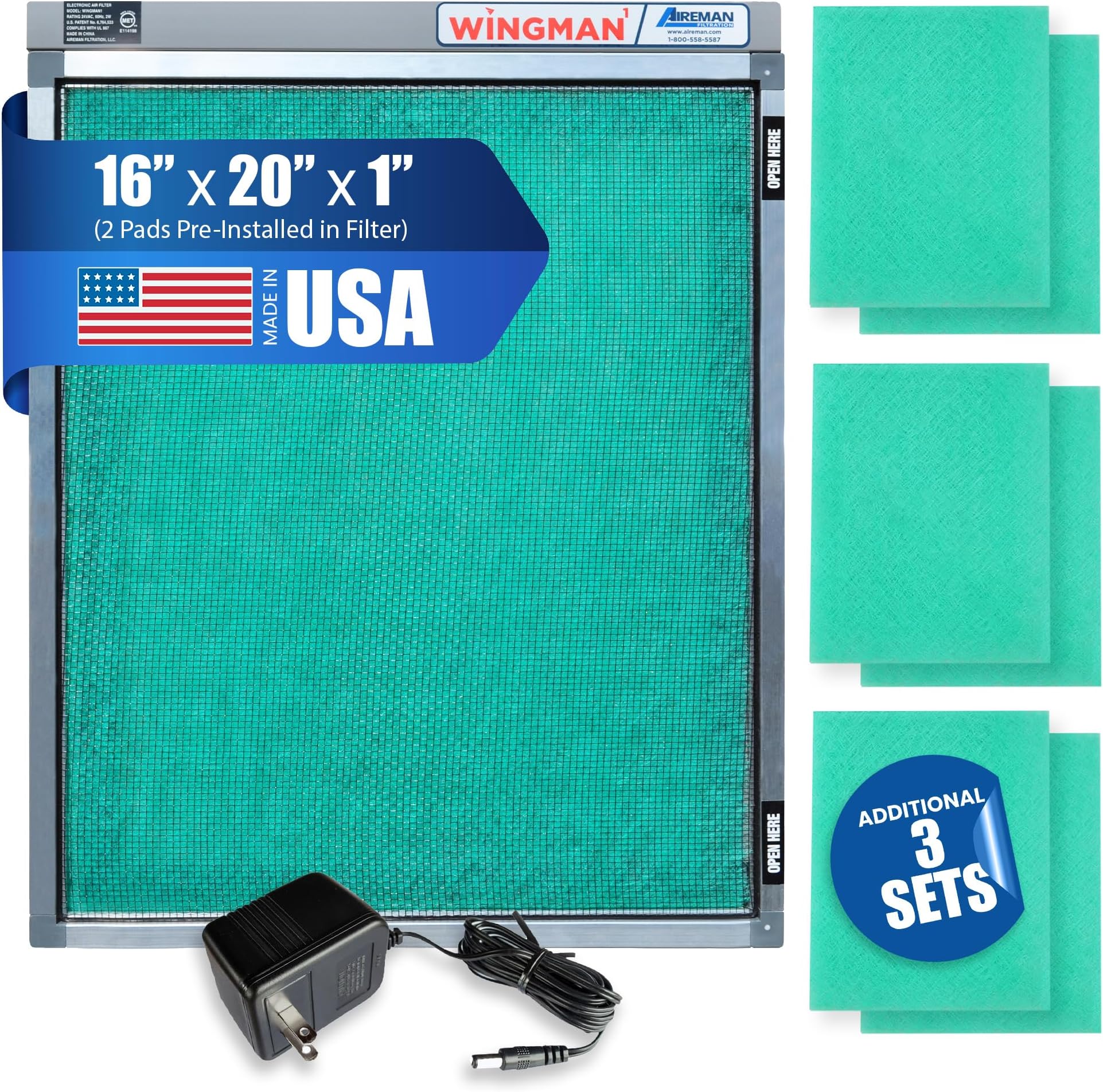 - 16x20x1 Polarized Media Electronic Air Filter - High Air Flow - Homeowner Installed - 1-Yr Supply of Replacement Pads - Simply Replace Your Current AC/Furnace Air Filter and PLUG IT IN!
