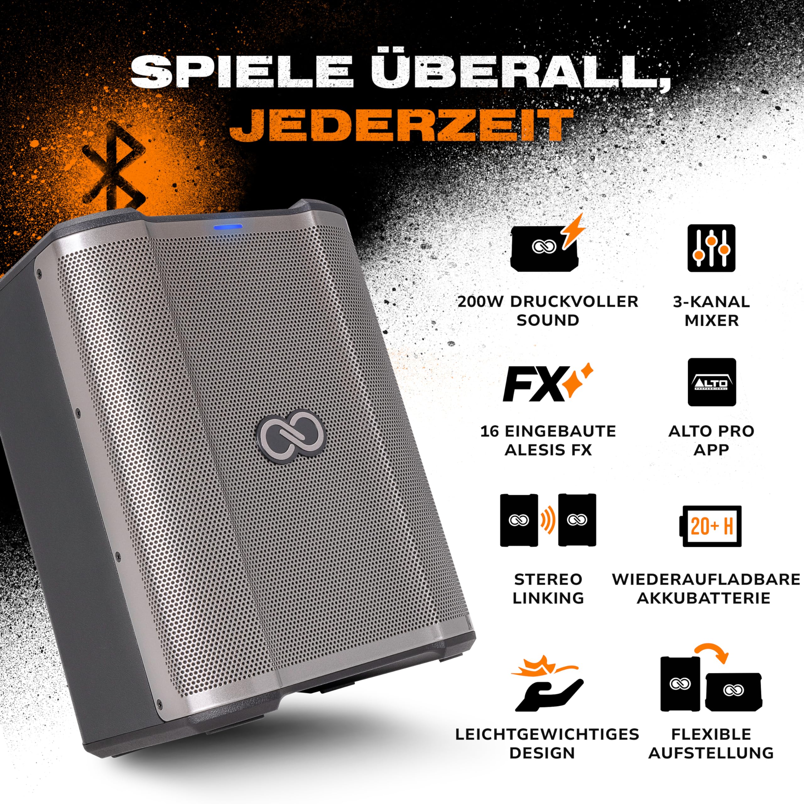 SHEERAN Special Edition Busker - 200W tragbarer PA-Lautsprecher mit Akkubatterie, Bluetooth, 3-Kanal Mixer, Alesis FX, App, USB-Aufladung