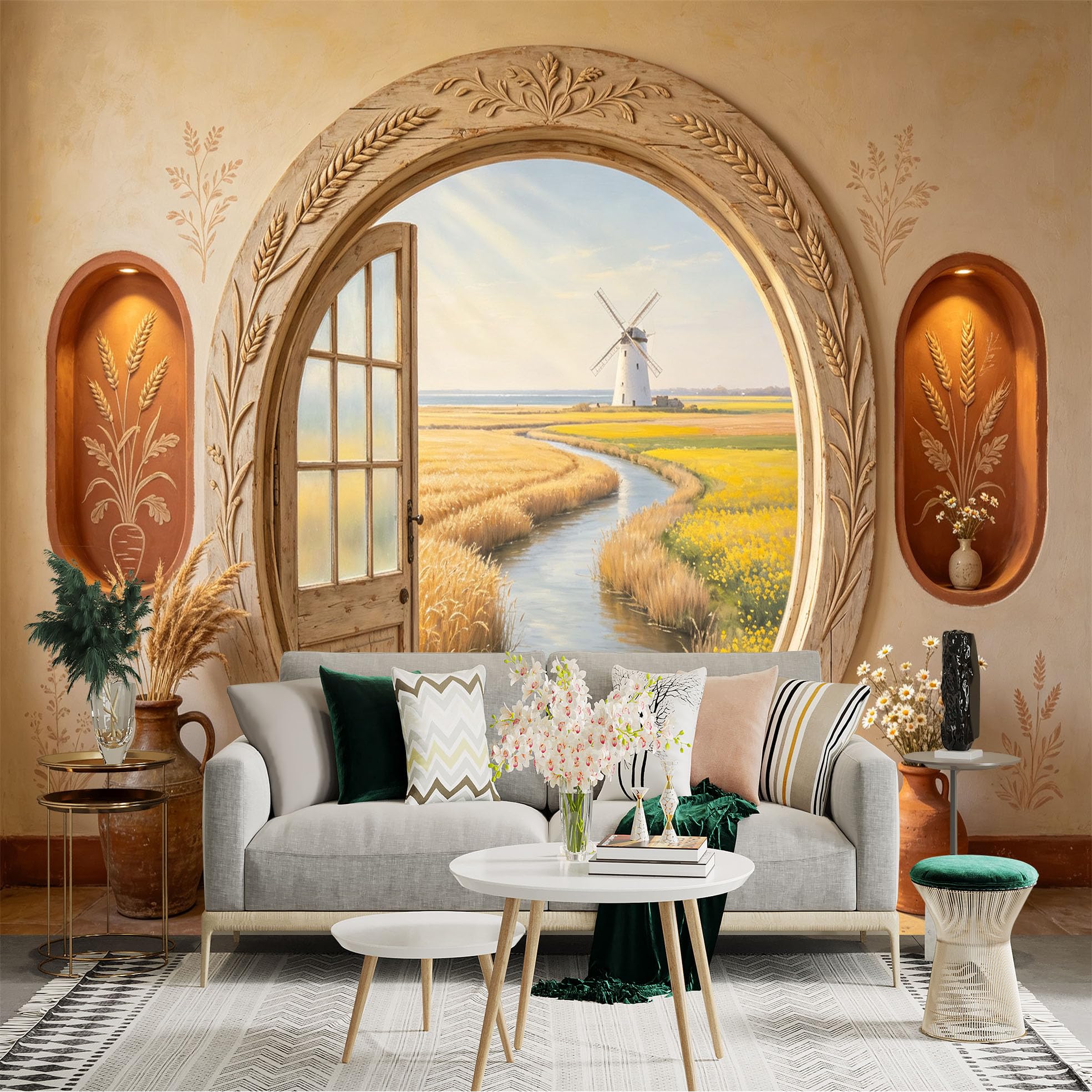 Custom Size Wall Sticker Mural， Rustic Archway with Windmill， River Meadow and Wheat Field， for wall Decoration， peelandstick wall Decals.