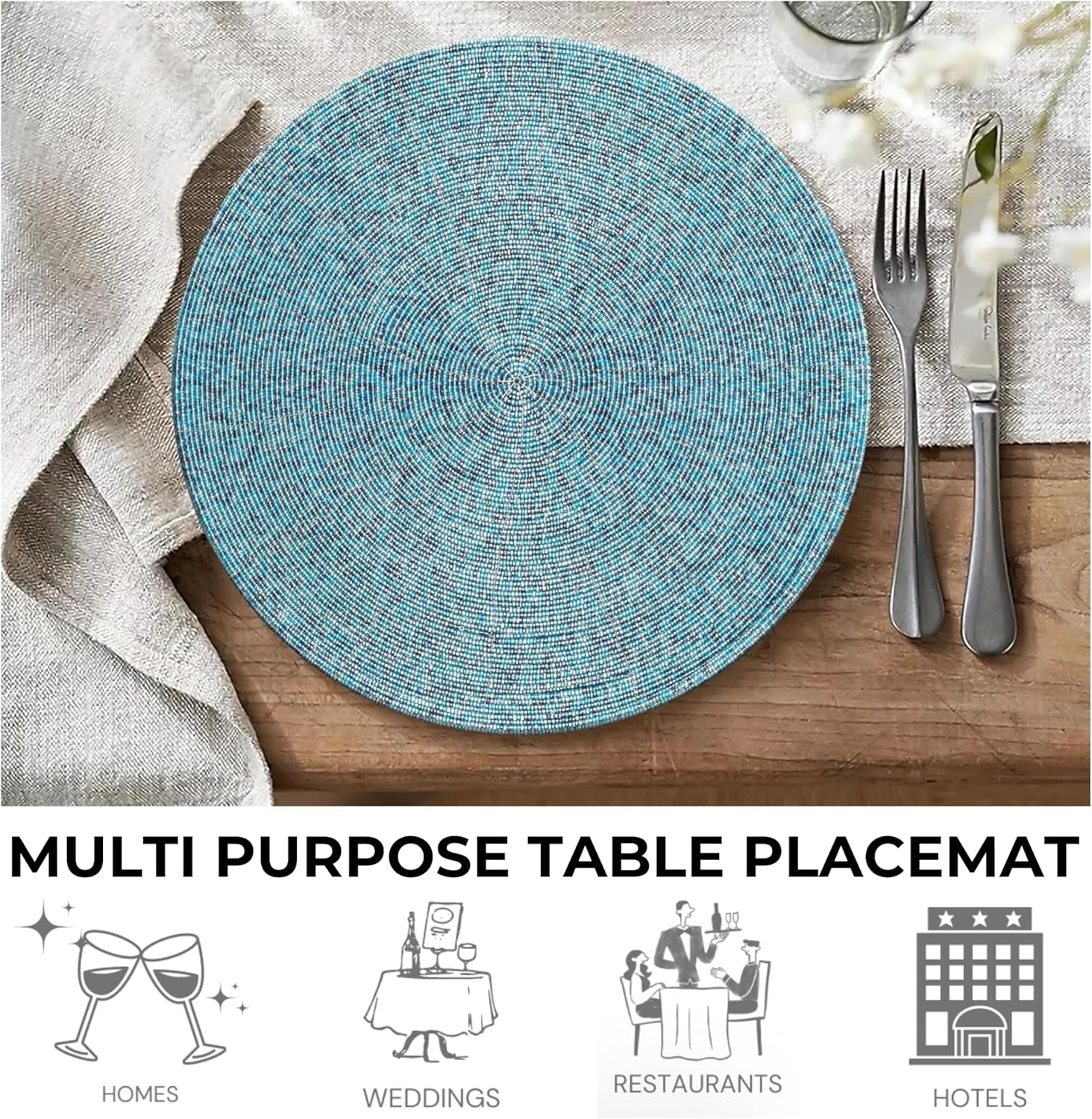 Beaded Placemat, Farmhouse Round Hand Beaded Charger Placemat - Handmade by Skilled Artisans, Tonal Blue, Set of 4