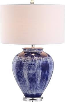 JONATHAN Y 26" Seaside Blue Ceramic LED Table Lamp, Coastal Glam Reactive Glaze Lamp with Crystal Base for Living Room Bedroom, White Linen Drum Shade, LED Bulb Included JYL5013A