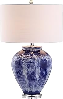 JONATHAN Y 26" Seaside Blue Ceramic LED Table Lamp, Coastal Glam Reactive Glaze Lamp with Crystal Base for Living Room Bedroom, White Linen Drum Shade, LED Bulb Included JYL5013A