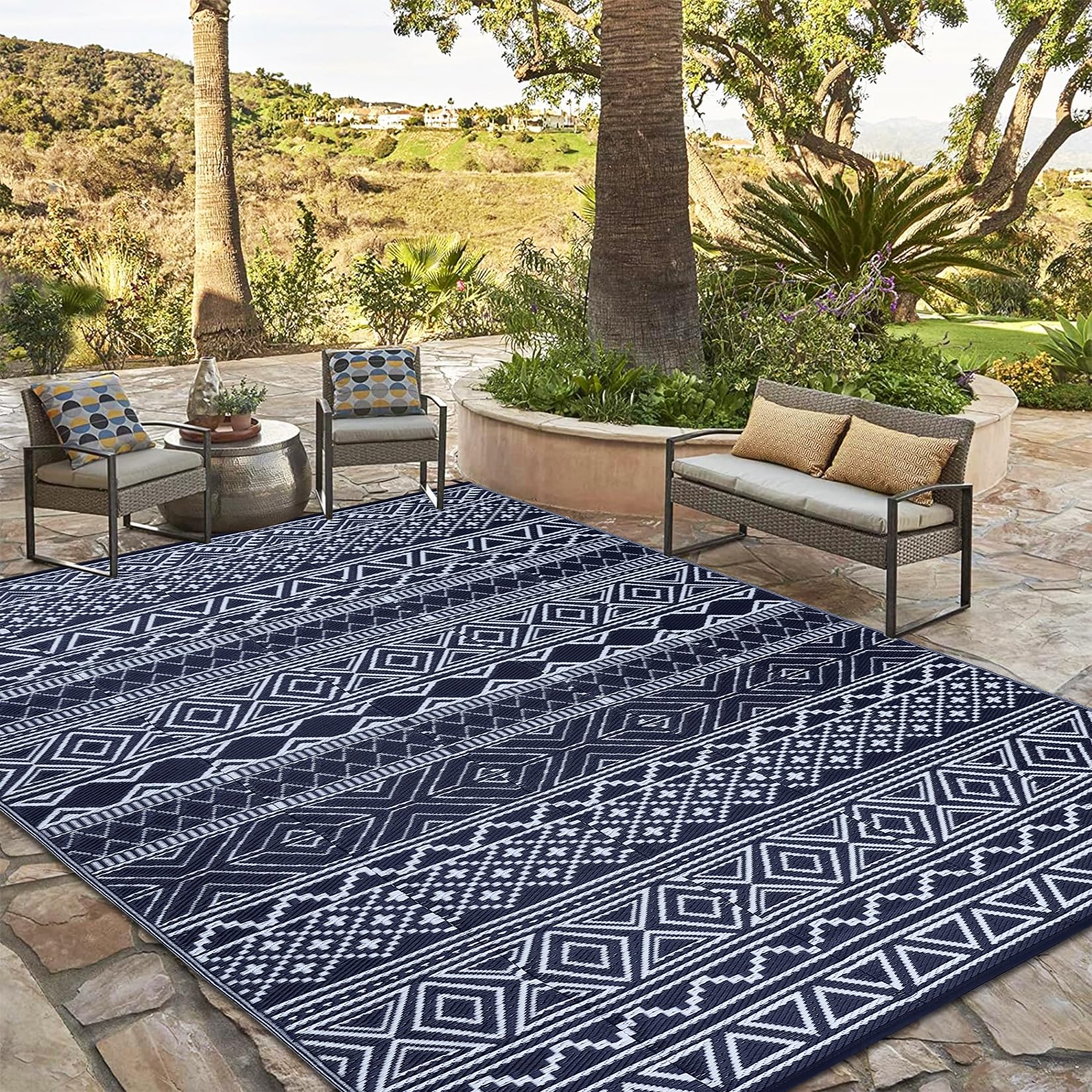 COZYLOOM Outdoor Rug Carpet Waterproof 8x10 ft Reversible Patio Rug Boho Print Camping Rug Plastic Straw Rug Geometric Rv Mat for Patio Camping Picnic Backyard Deck Balcony Porch Beach, Black&Navy-image-26