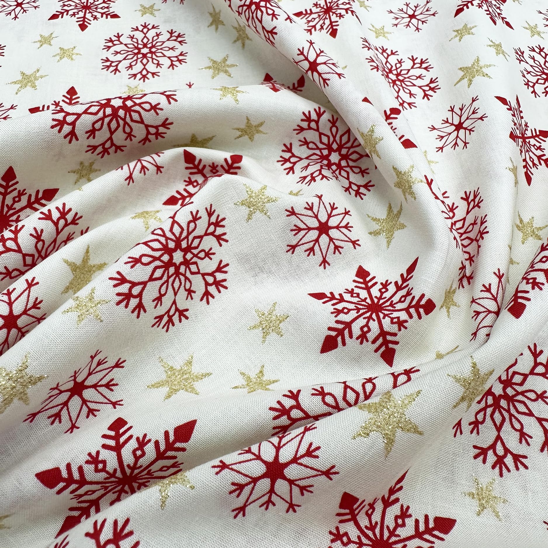 Tirrito White Christmas Fabric - Red Snowflake & Gold Glitter Stars & On Cream - Cotton Craft Fabric Material