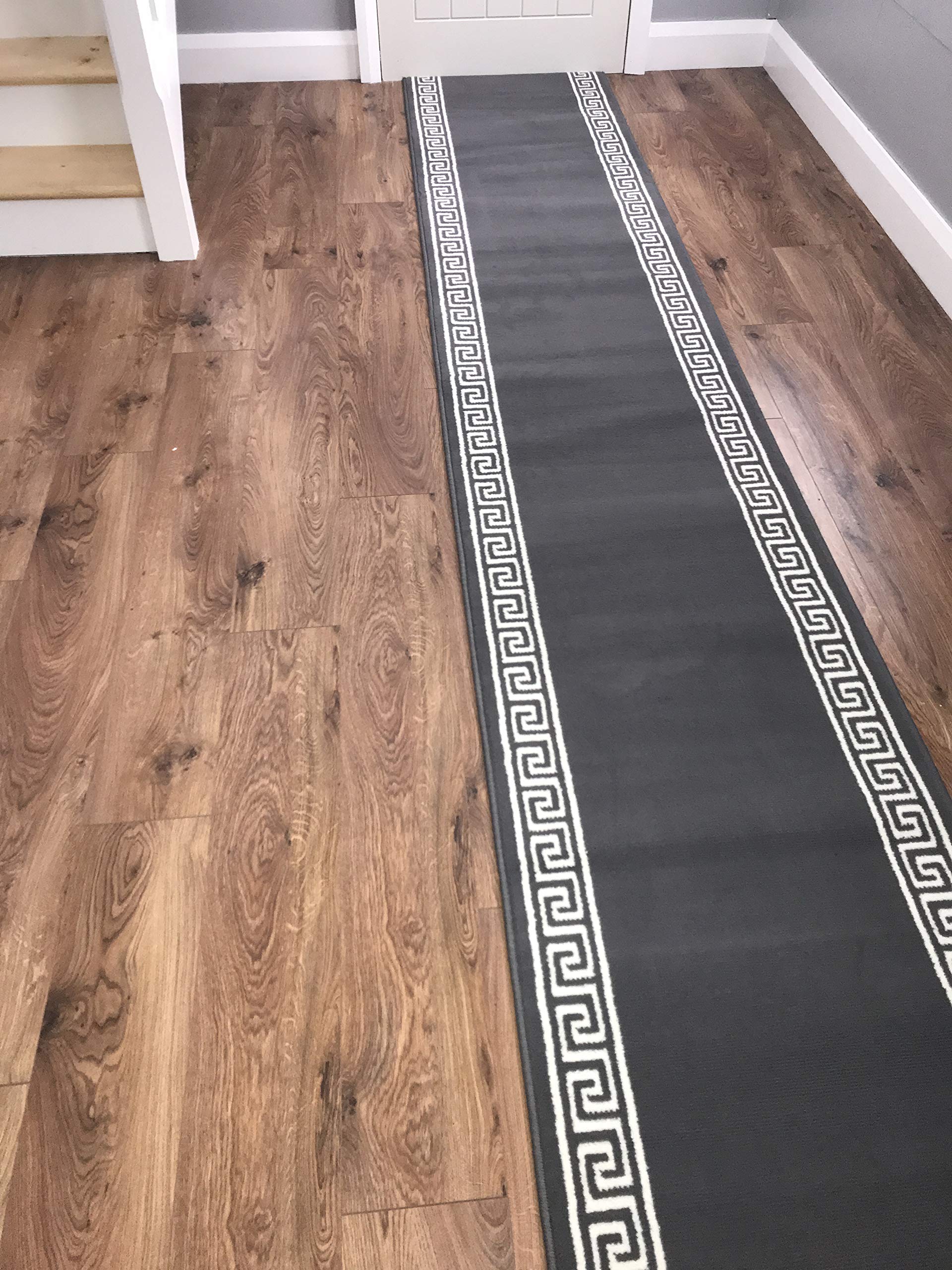 SrS Rugs® Luna Collection, Modern Long Carpet Runner Rug for Entrance Hall and Stairs. Smooth Soft 8mm Depth Pile. 70cm Wide. Any length (Greek Key Grey, Length: 15' (457cm)) — image 1