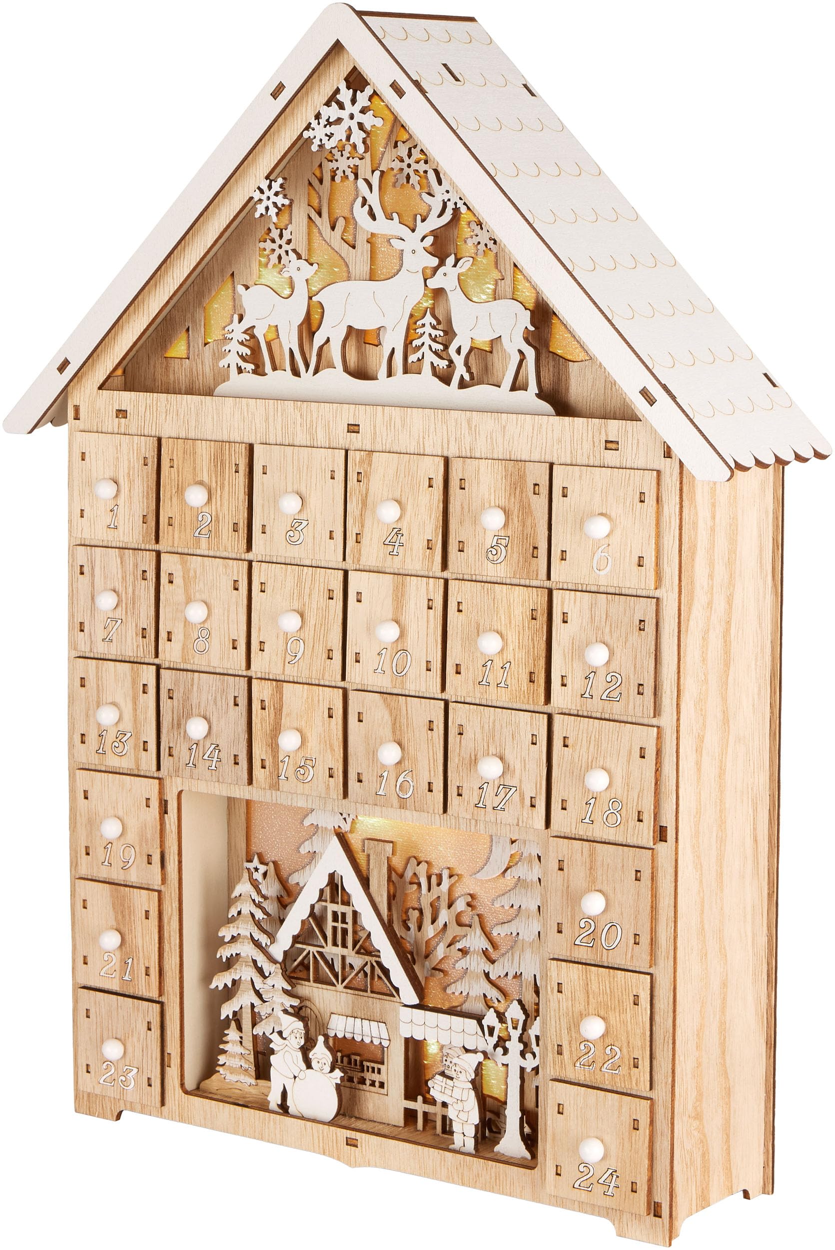 BRUBAKER Adventskalender zum Befüllen - Weihnachtshaus 2026 | Weihnachtskalender aus Holz mit LED Beleuchtung - Rentiere im Wald, Schnee Dorf mit Kindern - 40 cm Haus Kalender Beleuchtet
