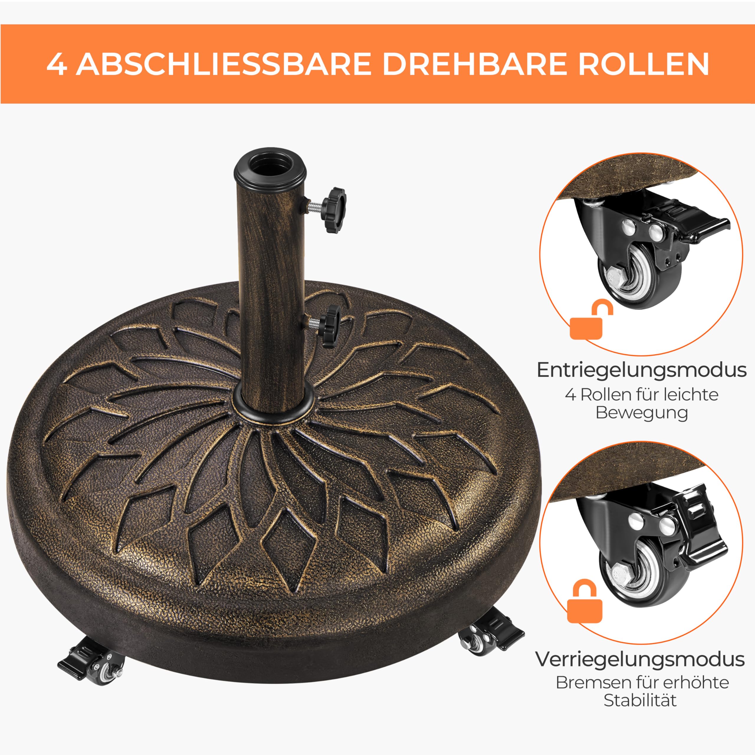 Yaheetech 24,7 kg Sonnenschirmständer mit Rollen ø50,6 cm Schirmständer Sonnenschirm Stabiler Schirmhalter für Schirmstangen von 34/38/48 mm für Garten/Balkon/Strand, Bronze
