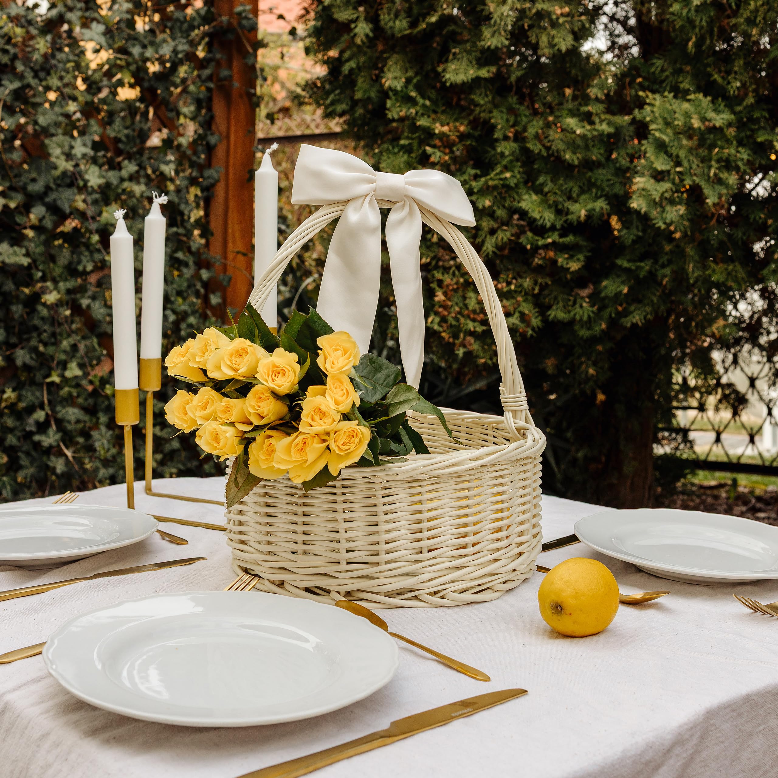 Creative Home Cesto Pasquale Ovale Bianco Crema 30 x 30 x 32 cm | Piccolo Cestino in Vimini con Manico | Cesta Vimini Intrecciata a Mano | Cestino da Giardino, Regalo Natale, Frutta
