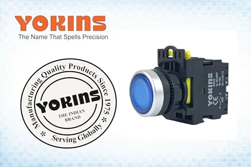 Image of Yokins Illuminated Push Button with Spring Return, EB2M-A-10D-B, 22mm with 1NO (Copper & Silver Contacts) (Blue)