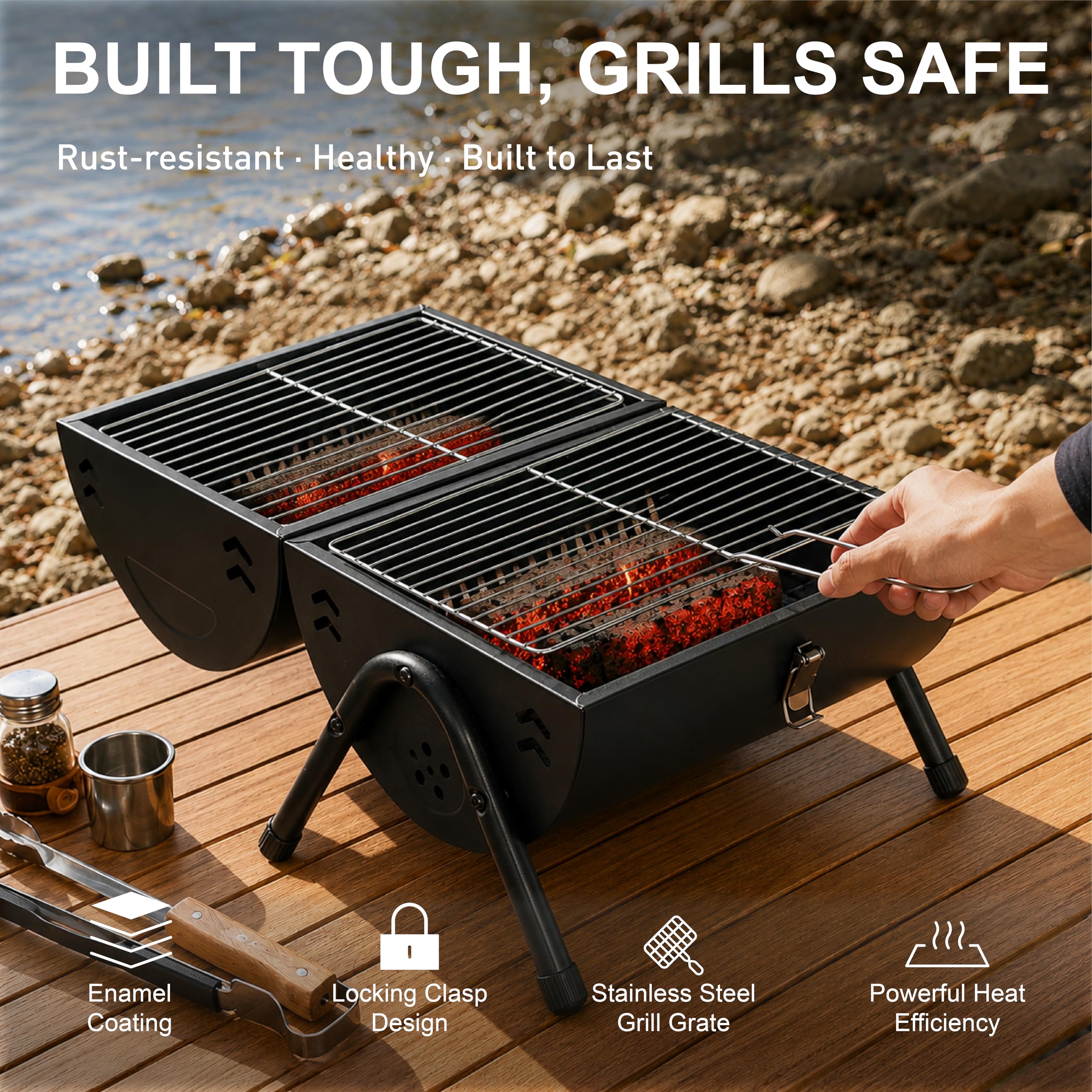 Barbecue a carbonella con doppia superficie di cottura, 37,5 x 25,5 cm, portatile, per esterni, in acciaio, con coperchio, camino e manico in legno, per giardino, terrazza, campeggio e picnic