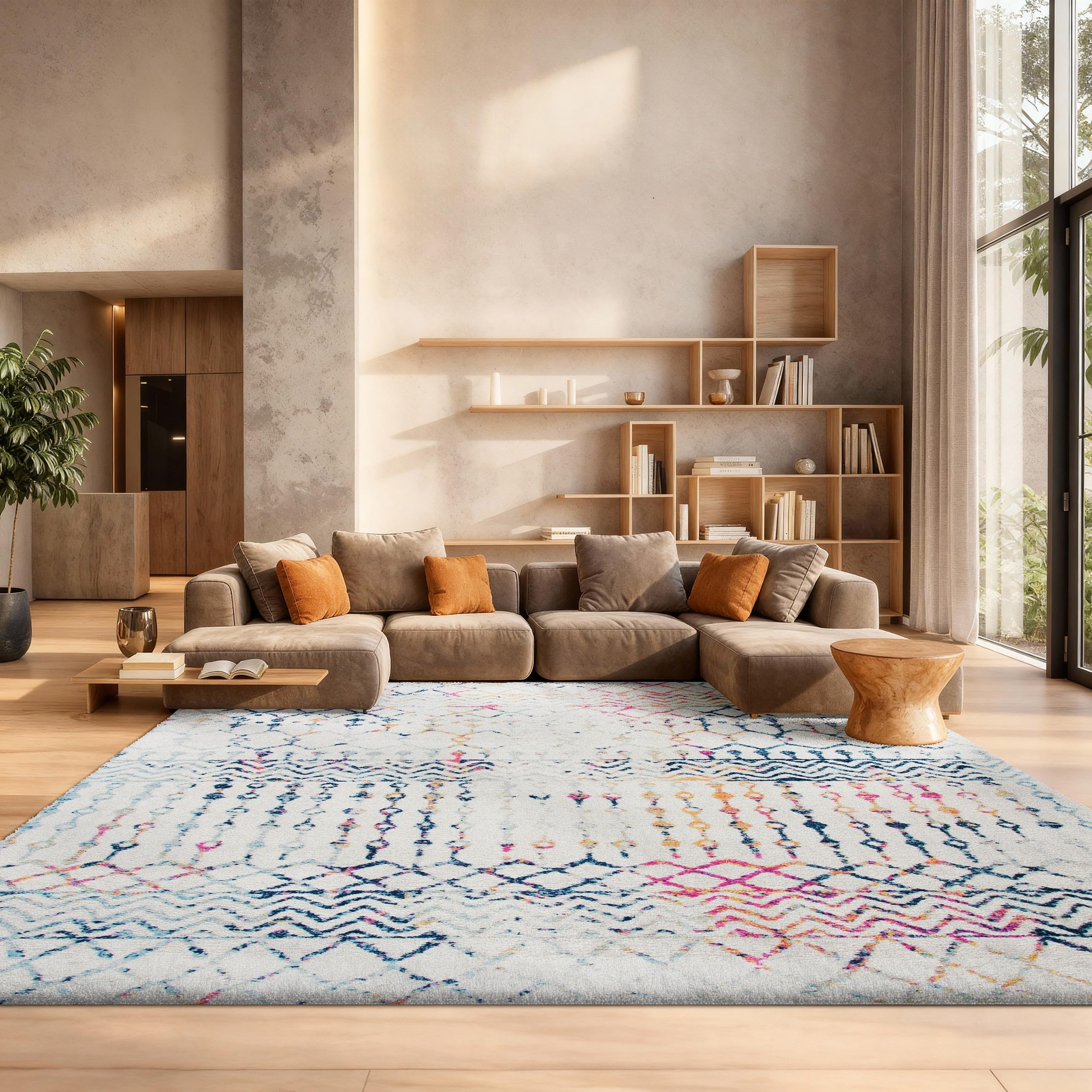 SAFAVIEH Area Rug 8x10 - Tulum Collection - Large - Ivory & Blue, Moroccan Boho Distressed Design, Non-Shedding & Easy to Clean, Ideal for Living Room