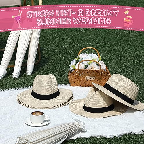 Miniatura 3 de Silkfly 12 sombreros de paja Panamá enrollables, sombrero de ala ancha, sombreros de sol para mujer, verano, playa, viajes, fiesta, disfraz (beige)