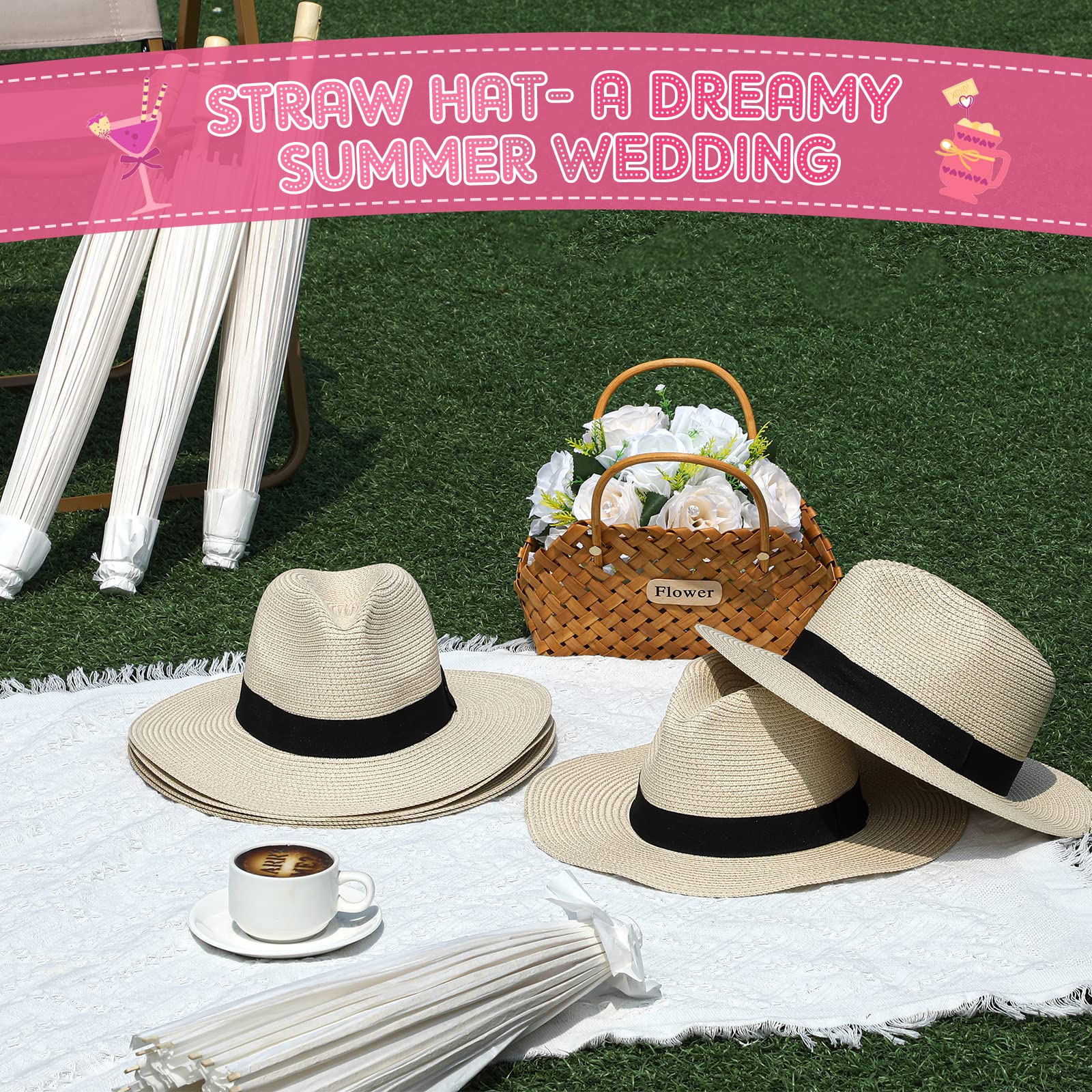 12 sombreros de paja Panamá enrollables, sombrero de ala ancha, sombreros de sol para mujer, verano, playa, viajes, fiesta, disfraz (beige) 3