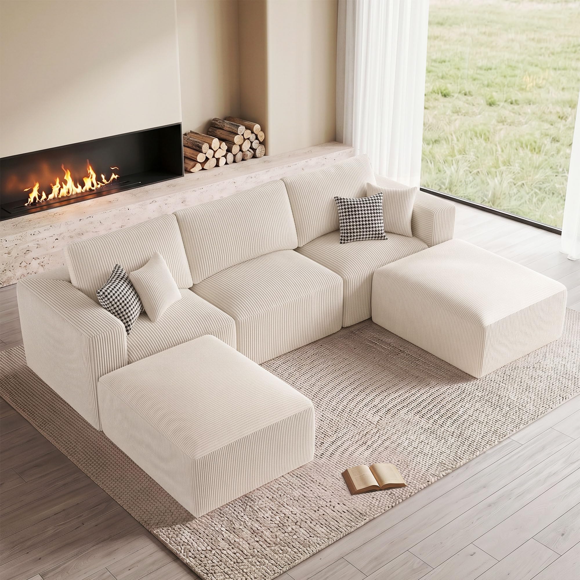 Living&Giving（WALKBON） 115" Modular Sectional Sofa, U Shaped Cloud Boneless Couch Beige