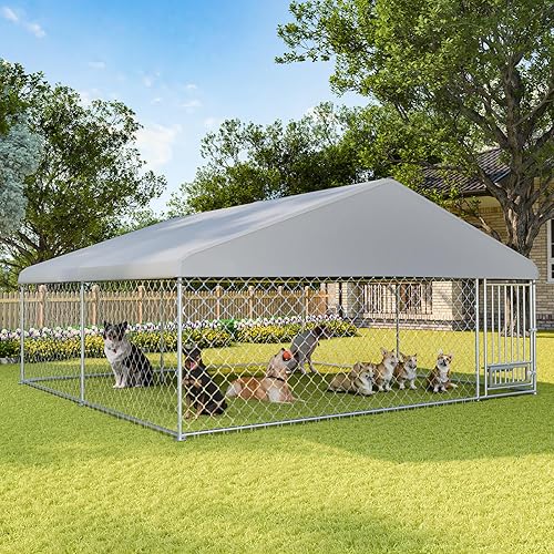 Erinnyees Perrera para perros al aire libre de 13 x 13 pies con techo, gran perrera exterior con cuencos rotados para perros, recinto para corrales
