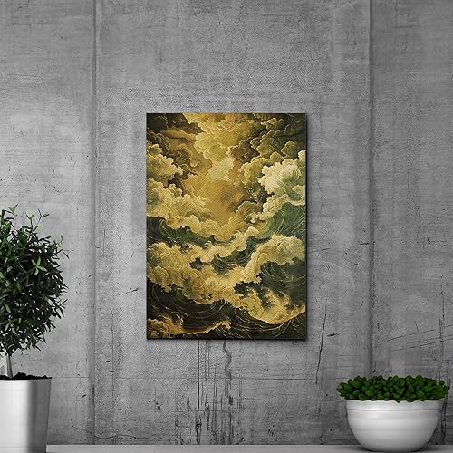 Miniatura 3 de Canvas Print Canvas Framed Canvas Wall Art Wood Panel Retro Wave Art A Storm Wall Art Print Sea Wave In The Night And Trees Stormy Waves Art Decor