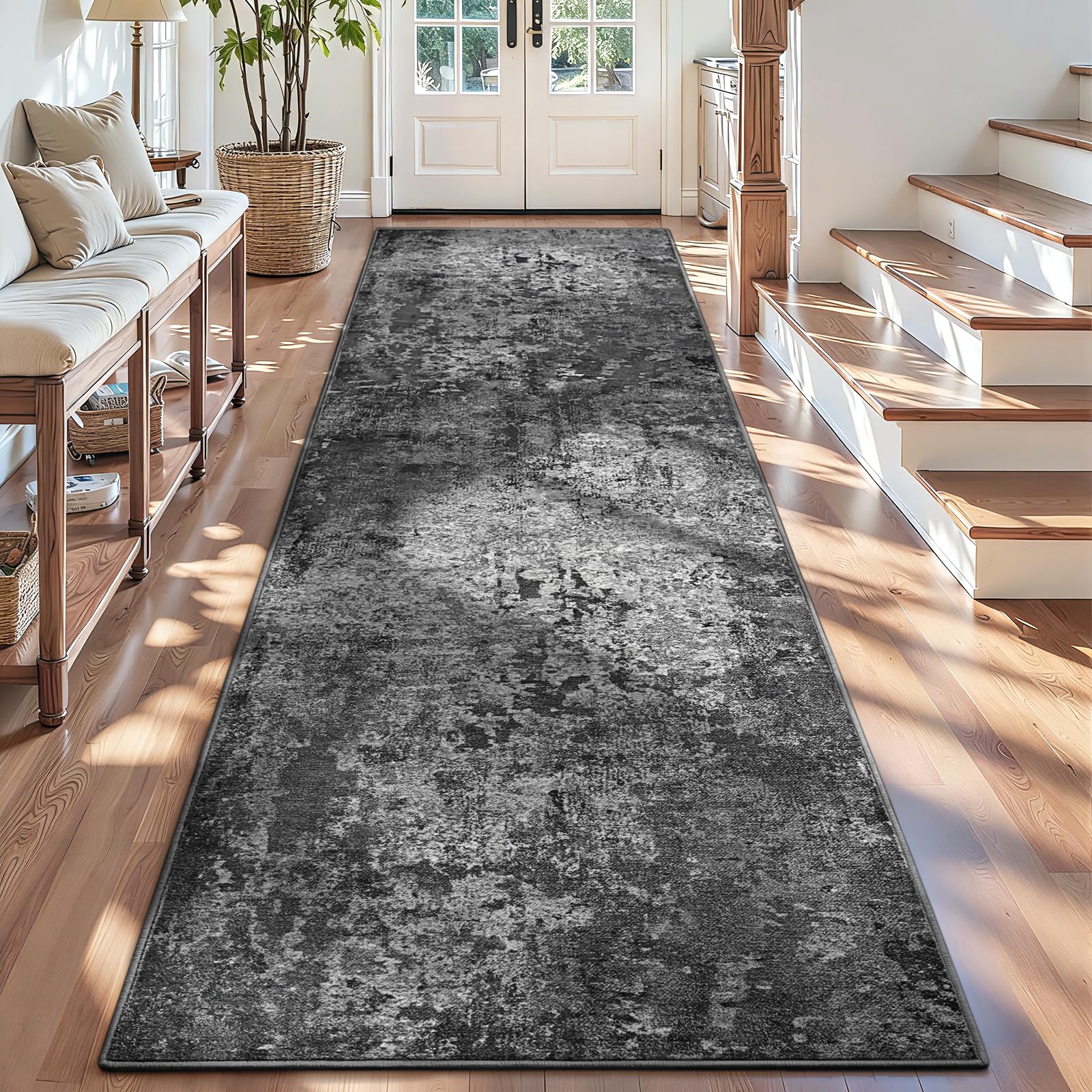 3x12 Black Rug Runners for Hallways Kitchen Runner Rug Non Slip Washable Black Long Runner Rugs with Rubber Backing Soft Abstract Carpet Runner for Bedroom, Kitchen, Bathroom, Entryway — image 1