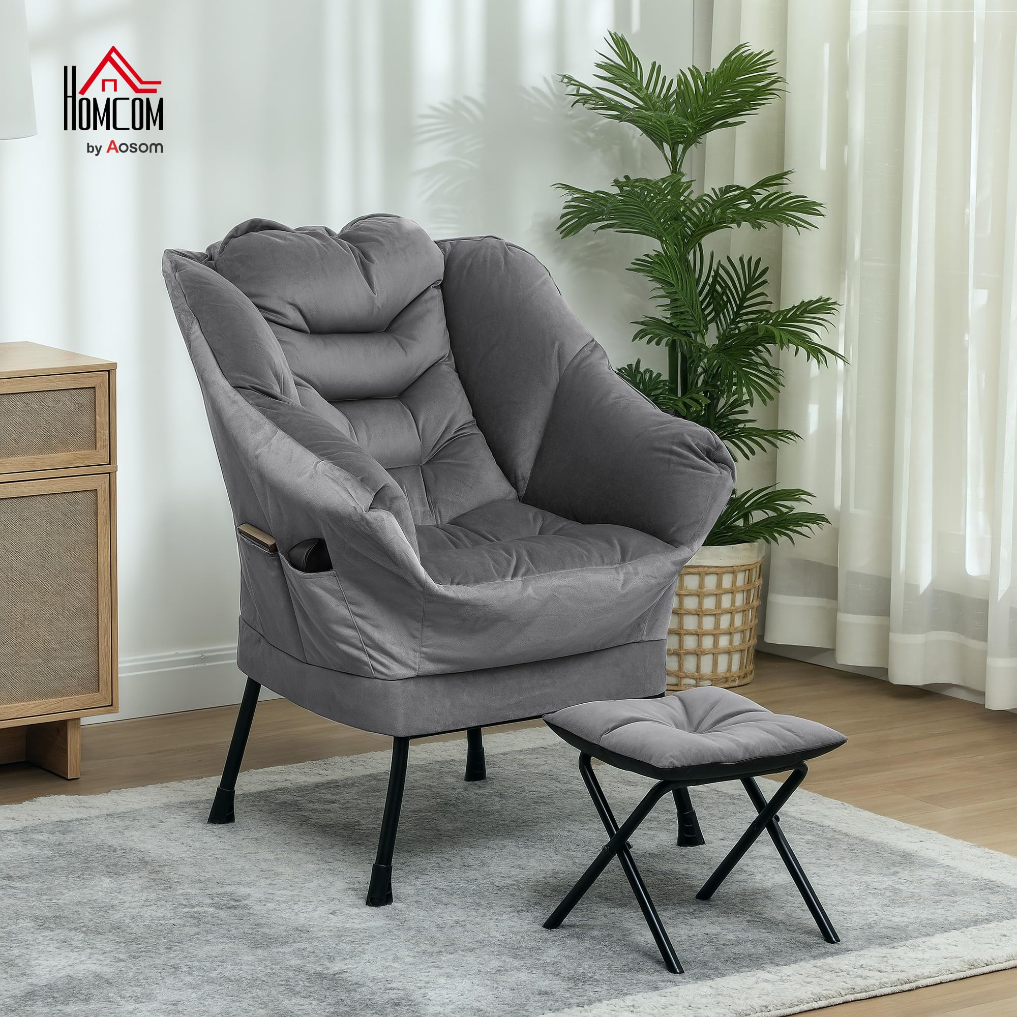 HOMCOM Set Poltrona con Poggiapiedi per Soggiorno in Tessuto Effetto Velluto, Poltrona Camera da Letto con 2 Tasche Laterali, Braccioli e Schienale, Struttura in Acciaio, 80x78x100 cm, Grigio