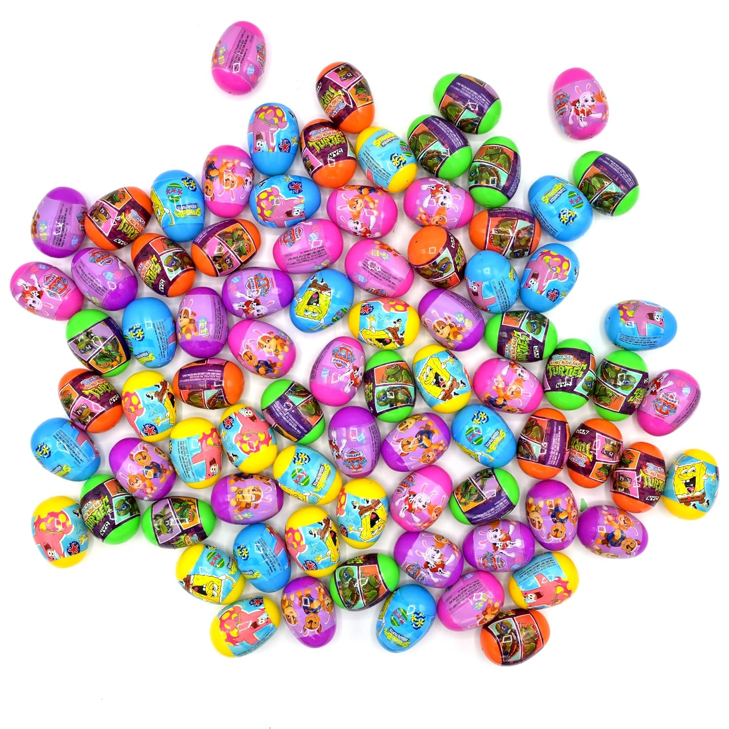 Frankford Nickelodeon Pre-filled SpongeBob SquarePants, Teenage Mutant Ninja Turtles, and Paw Patrol Bulk Plastic Egg Easter Basket Stuffers with Fruit Chew Candy, 80 Count