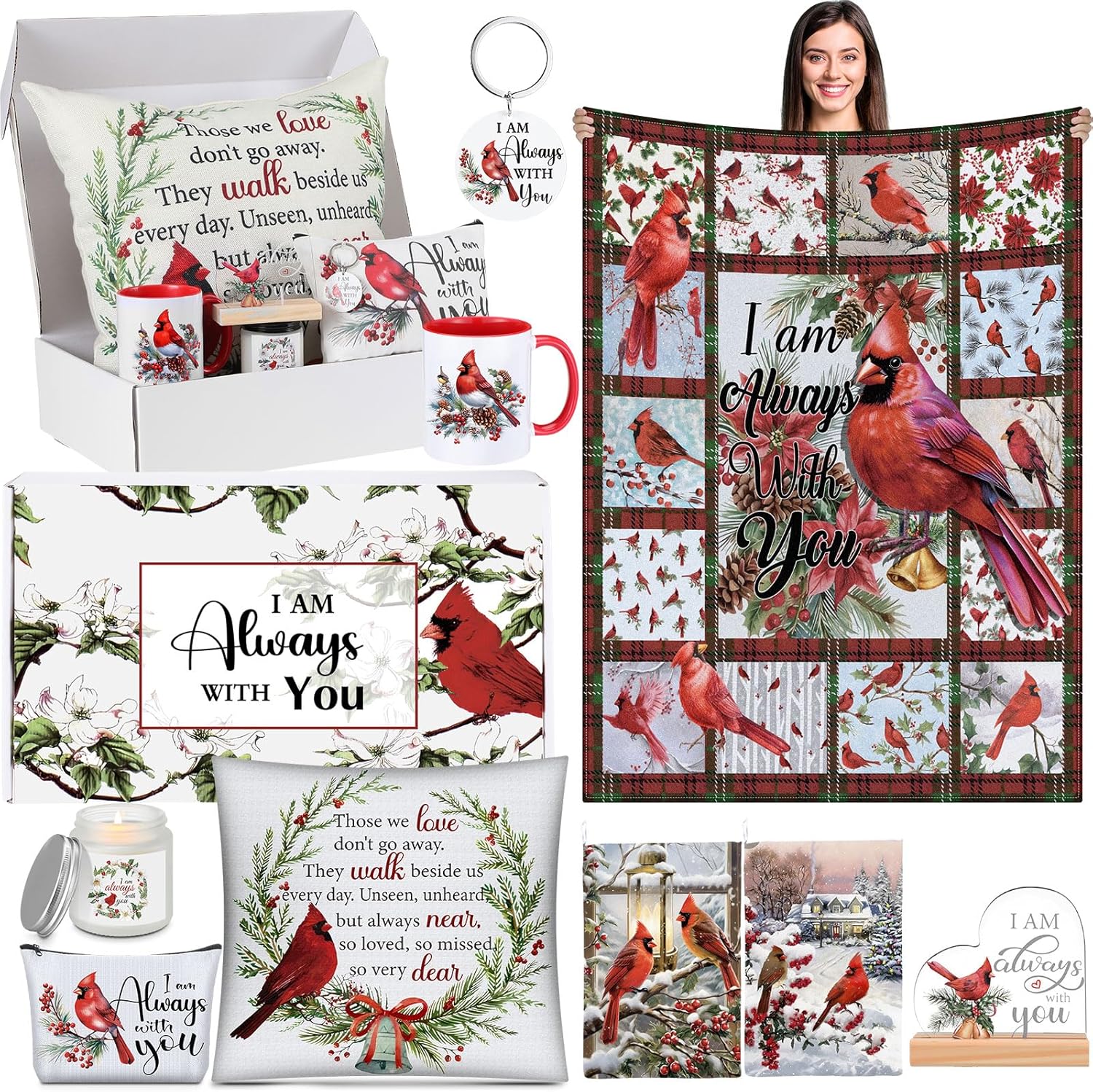 Buryeah 10 Pcs Cardinal Gift Set Bird Present Box Include 60x50'' Blanket Pillowcase Mug Makeup Bag Candle Keychain Decorative Stand Winter Sympathy Memorial Gift (Bird)