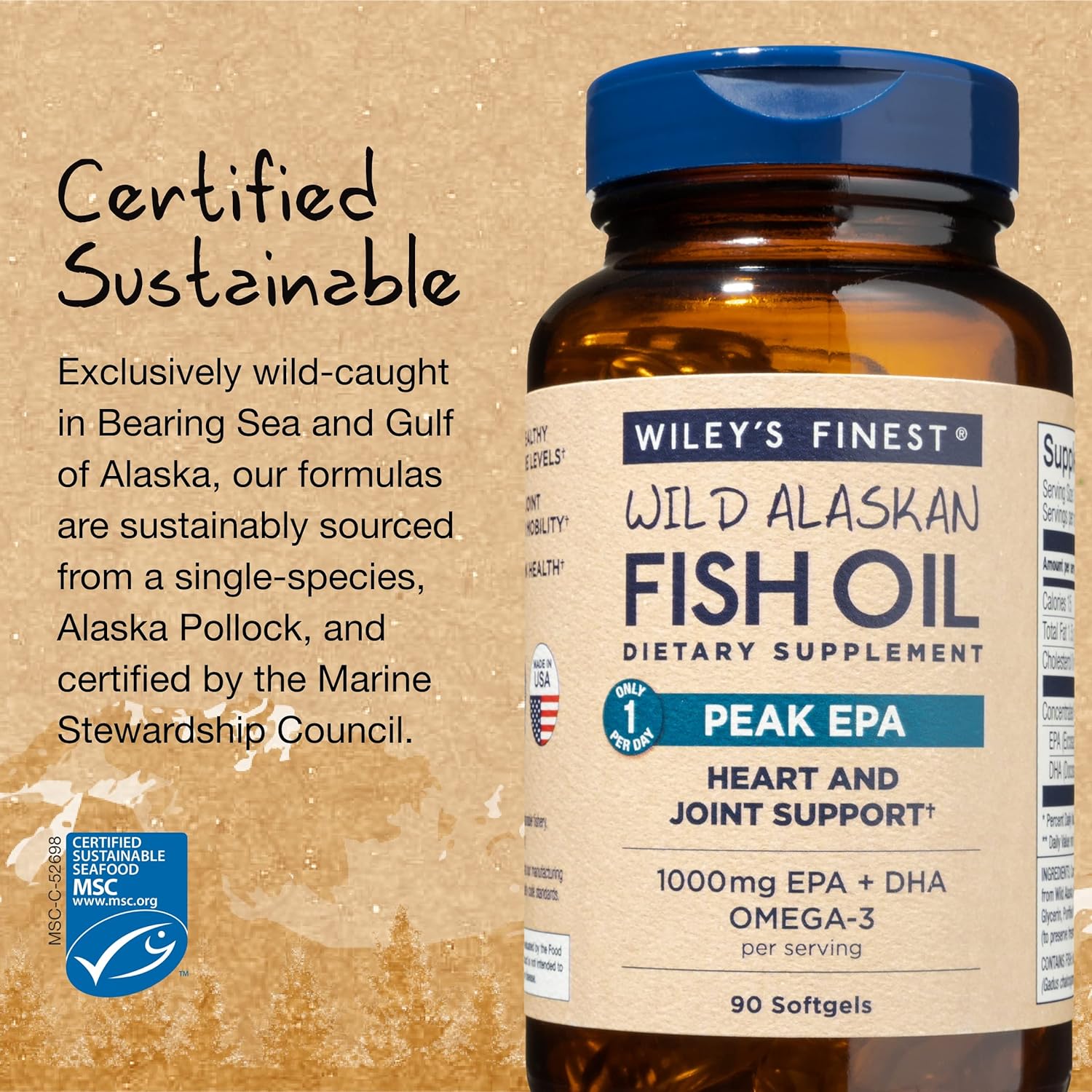 Wiley's Finest Wild Alaskan Fish Oil Peak EPA - Triple Strength Peak EPA and DHA - 1000mg Omega-3s, SQF-Certified - 90 Softgels (90 Servings) : Health & Household
