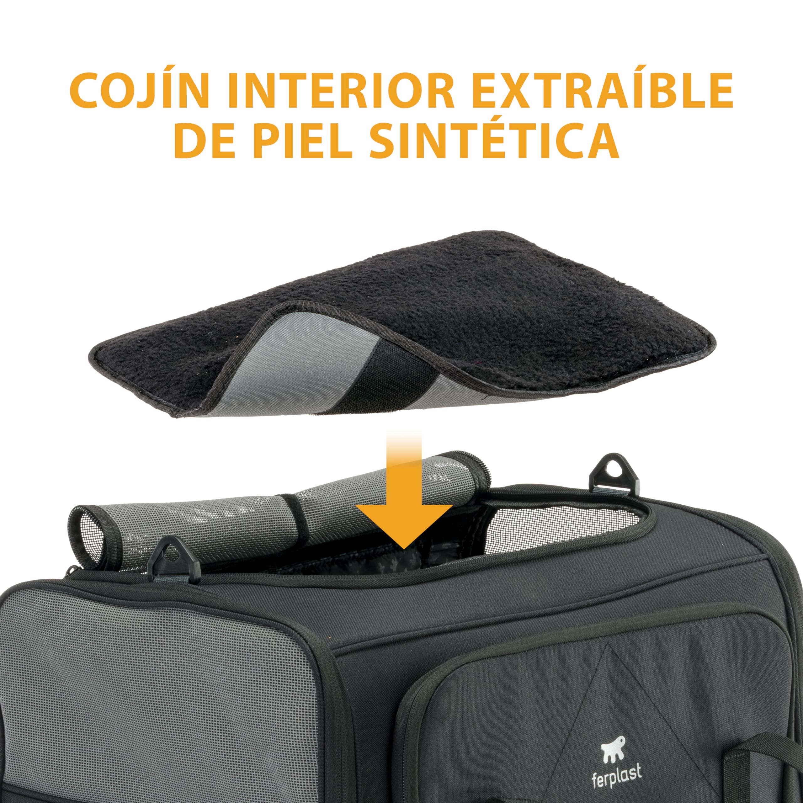 Ferplast Transportín Gato Voyager Pro, Transportín Perro, Mochila para Gatos, Asas y Bandolera Regulables, Correa de Seguridad, Extensible, con Cojín, Máx. 15 kg, 49x37x39h cm, Negro