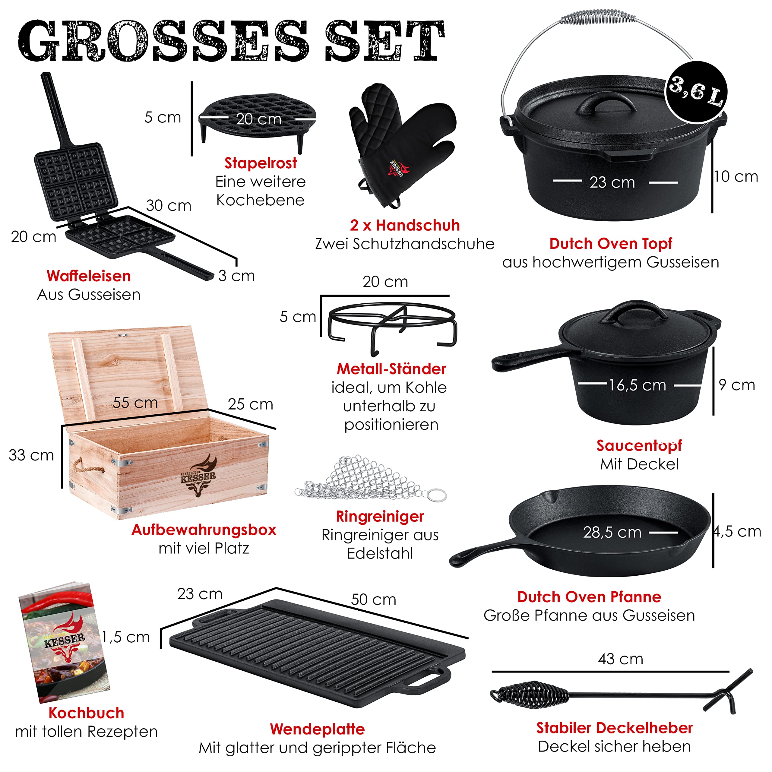 KESSER Dutch Oven Set 12 pièces en fonte avec caisse en bois, gaufrier, plaque de gril et poêle