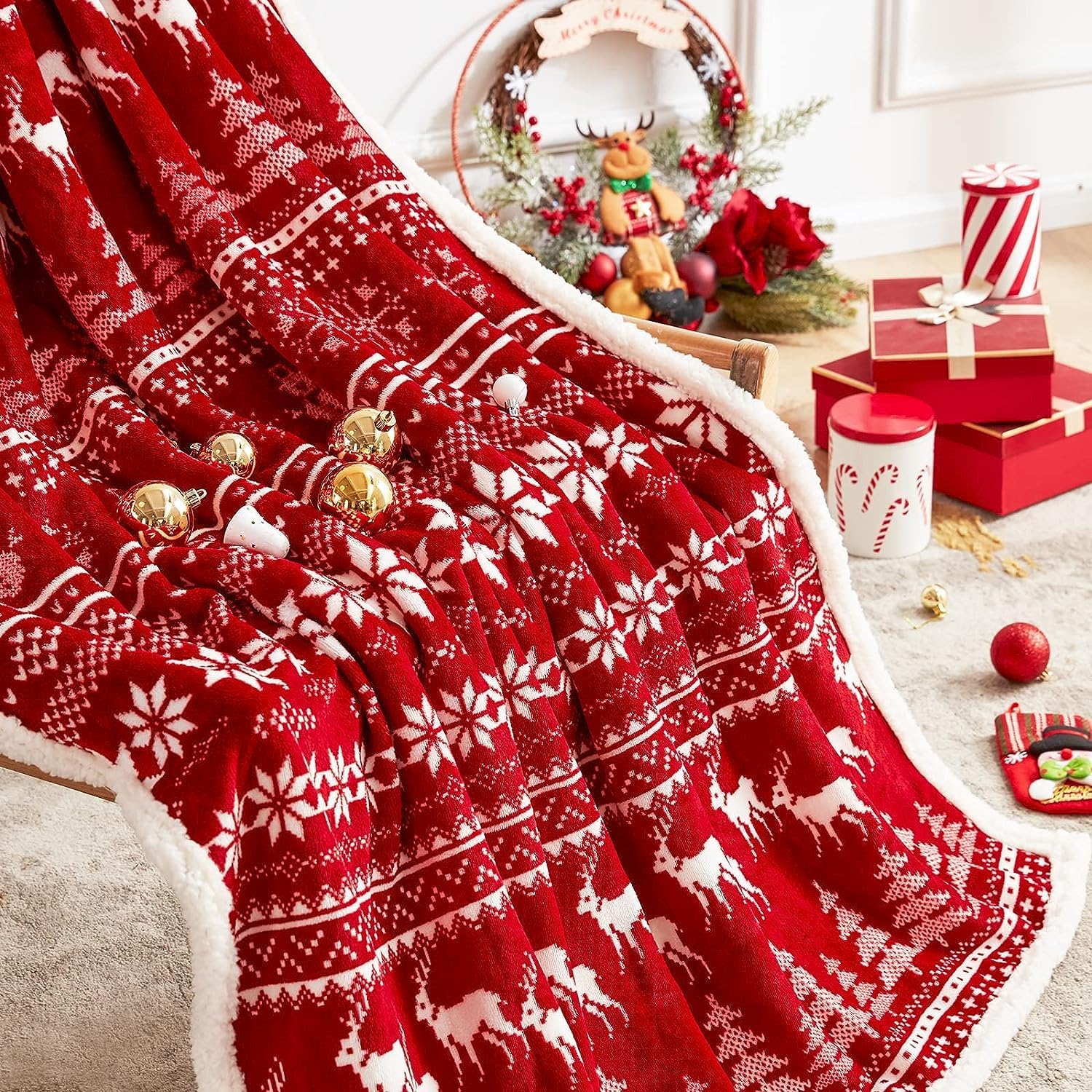 Touchat Red Sherpa Christmas Twin Blanket, Fuzzy Fluffy Soft Cozy Blankets, Fleece Flannel Plush Microfiber Throw for Couch Bed Sofa (60" X 80", Red Reindeer) - Image 5