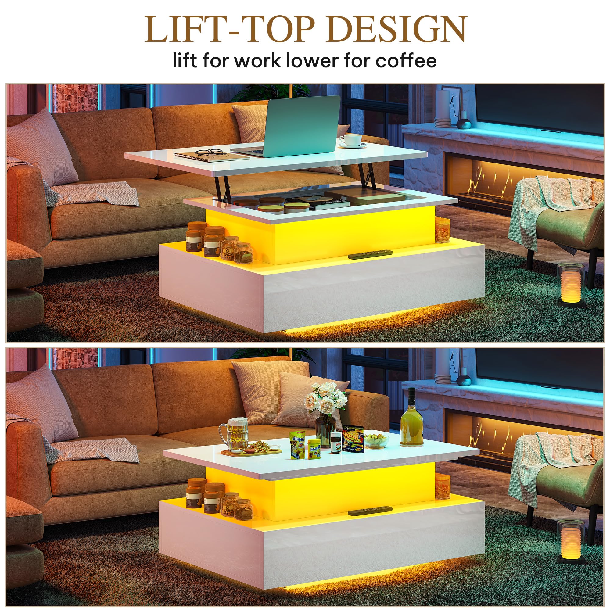 YITAHOME Mesa de Centro Elevable, Mesa de Salón Brillante Moderna con 16 LED de Colores y 2 Cajones