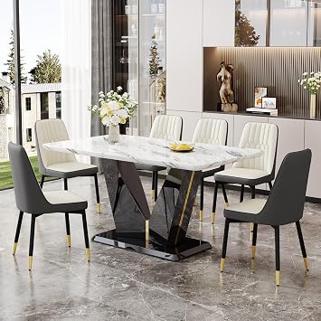 Modern Dining Table Set for 6,7 Piece Dining Room Table Set,White Marble Dining Room Table Set for 6,63" Rectangule Marble Kitchen Table Set for 6 PU Leather Upholsted Dining Chairs for Kitchen