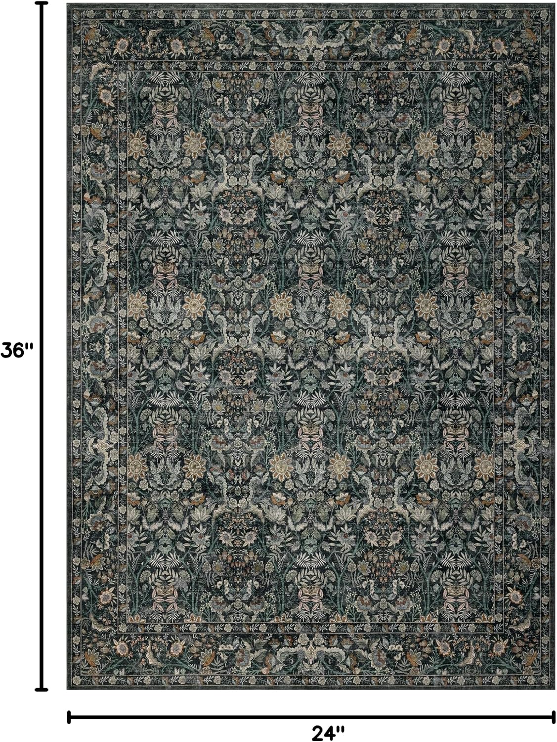 Small Washable Entryway Rug 2x3: Vintage Botanical Indoor Door Mat with Rubber Backing - Soft Thin Easy Clean Floor Carpet for Bathroom Kitchen Laundry Home Decor - Dark Green