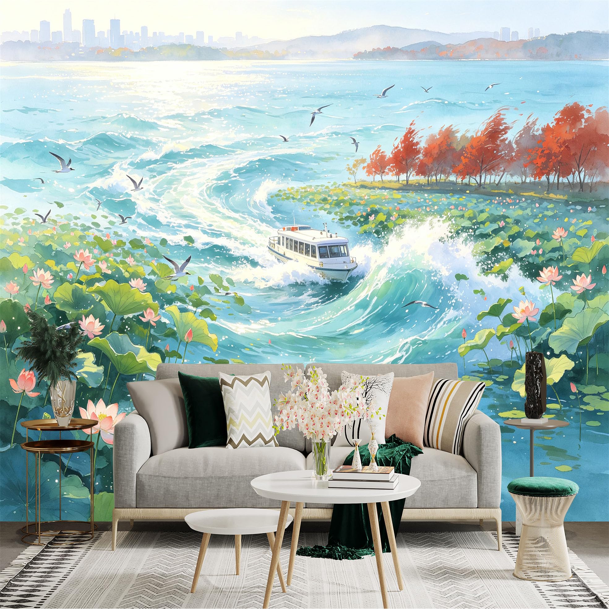 Custom Size Wall Sticker Mural， Boat Sailing on Lake with Lotus Flowers， Artistic Cityscape and Flying Birds， for wall Decoration， peelandstick wall Decals.