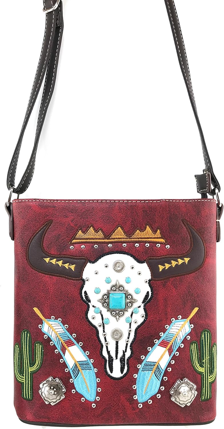 Justin West Native Longhorn Cow Skull Cactus Feather Color Conceal Carry Shoulder Handbag Purse | Trifold Wallet