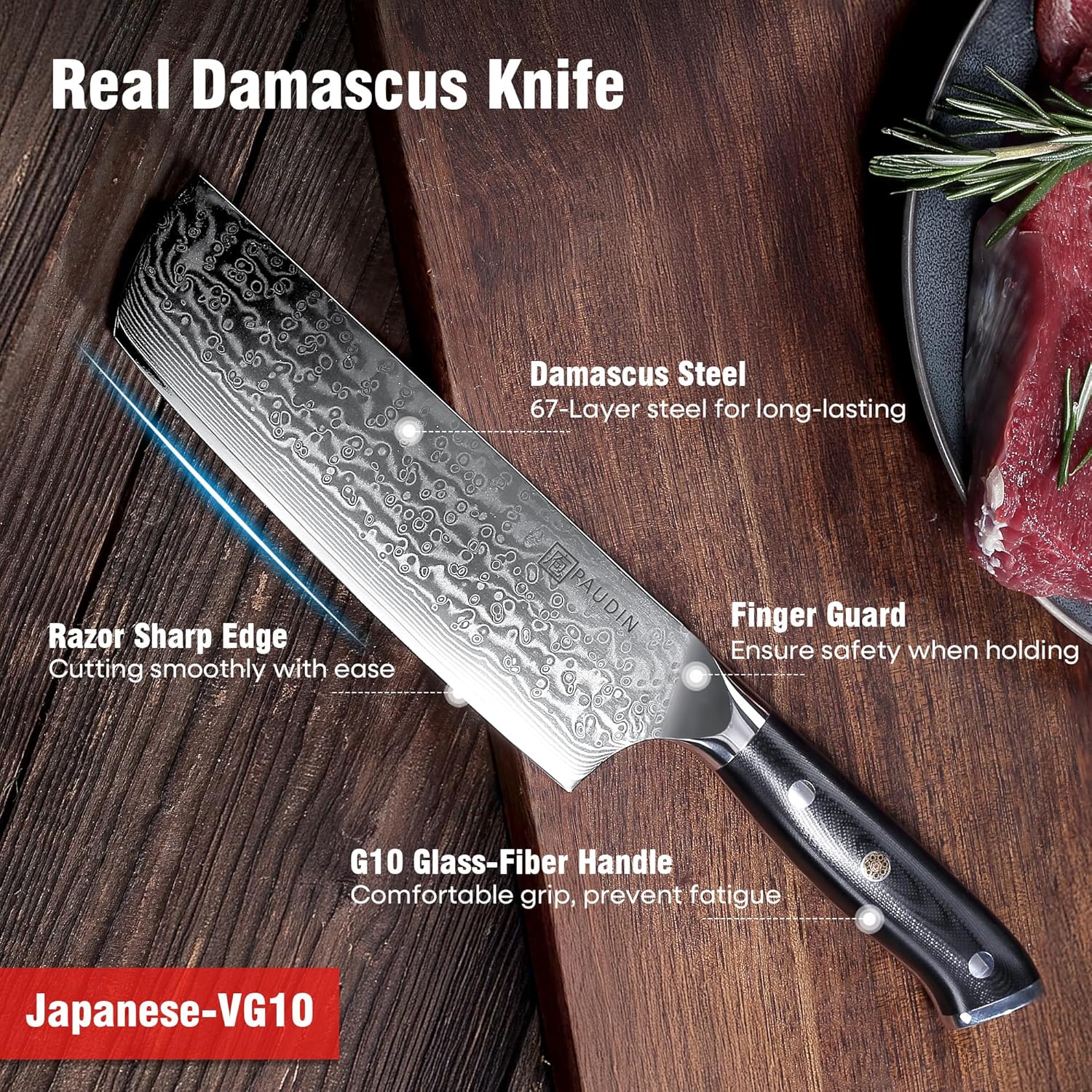 PAUDIN Nakiri Knife 7'', Damascus Chef Knife, Japanese VG-10 Stainless Steel, Kitchen Knife with G10 Full Tang Handle, Razor Sharp 67-Layer Forged Blade - Image 3