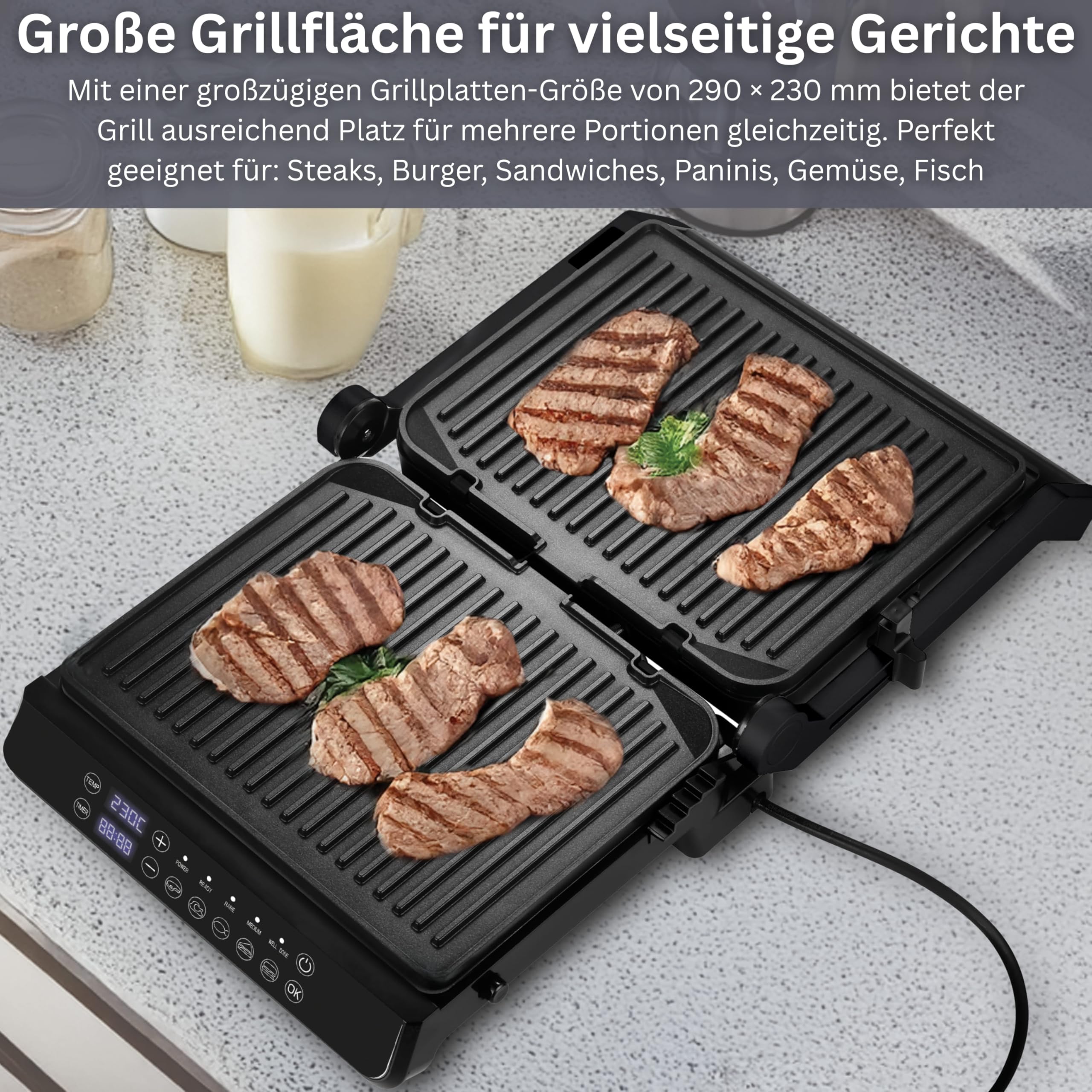 Zilan Digitaler Kontaktgrill abnehmbare Platten spülmaschinengeeignet 2000W Touch Bedienung, 5 Programme elektrischer Grill - Tischgrill - Temperatur- & Timeranzeige - Panini-, Sandwich- & Steakgrill