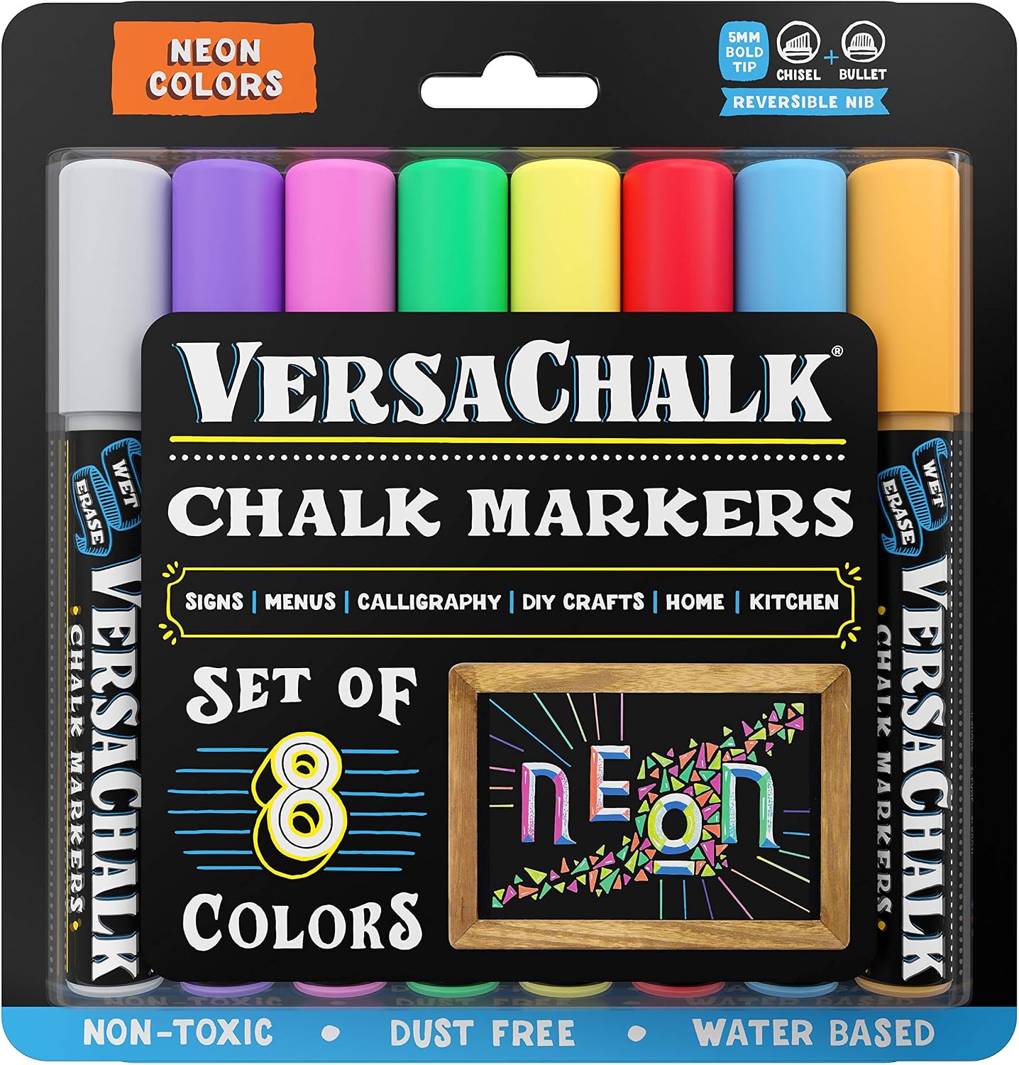 VersaChalk Neon Liquid Chalk Markers for Blackboards (8 Pack, 5mm, Bold Tip) - Erasable Washable Chalk Pens for Chalkboard Signs, Windows, Glass, Events, Schools, Office Supplies, and Business